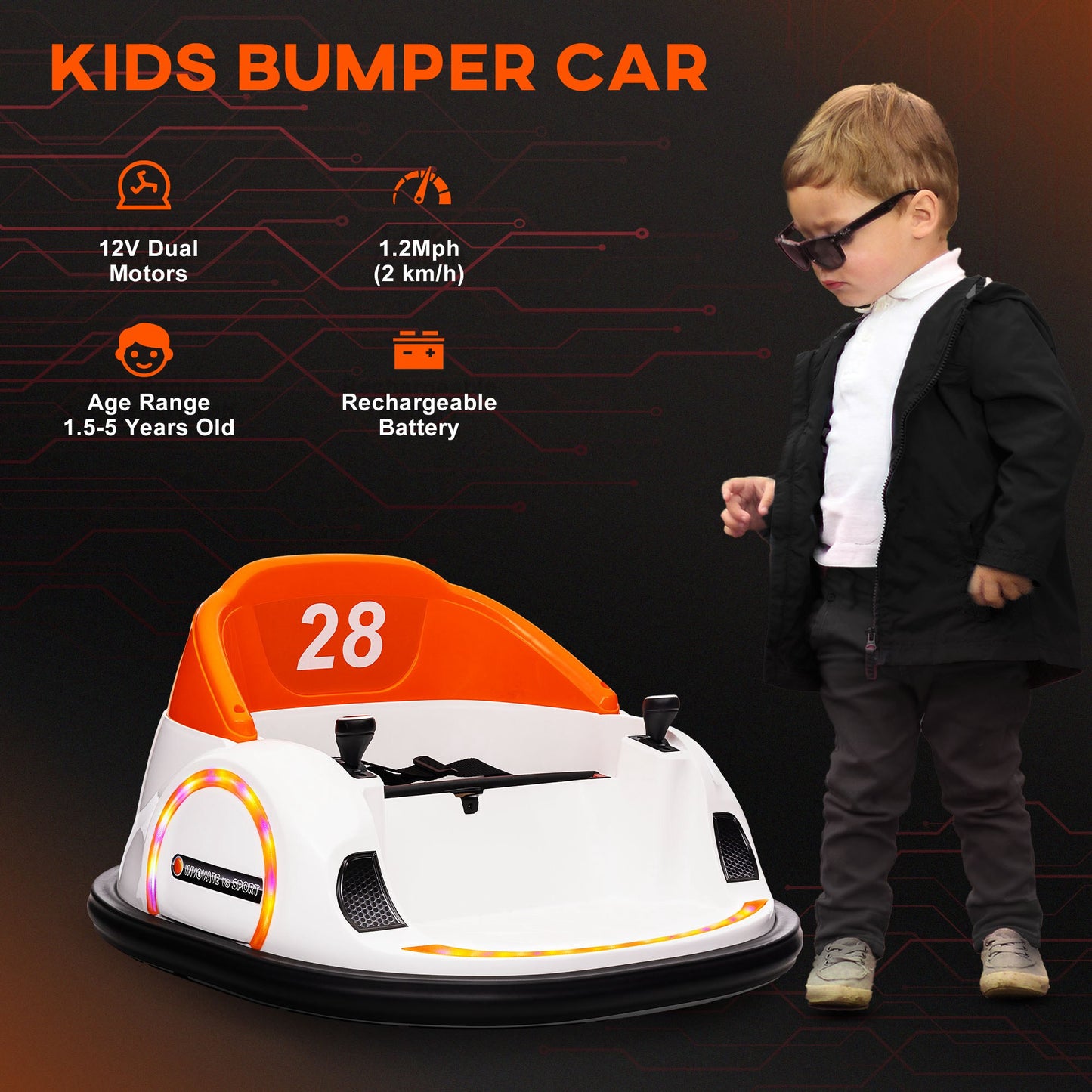 AIYAPLAY Vibrant Orange 360° Rotating Kids Bumper Car with Remote Control, Joysticks, Music & Lights - Perfect for Outdoor Fun!