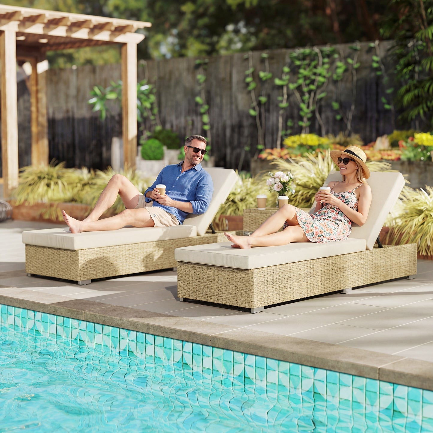 Outsunny Rattan Sun Loungers Set Of 2 With Side Table Adjustable Back Cushions Beige Garden Recliners