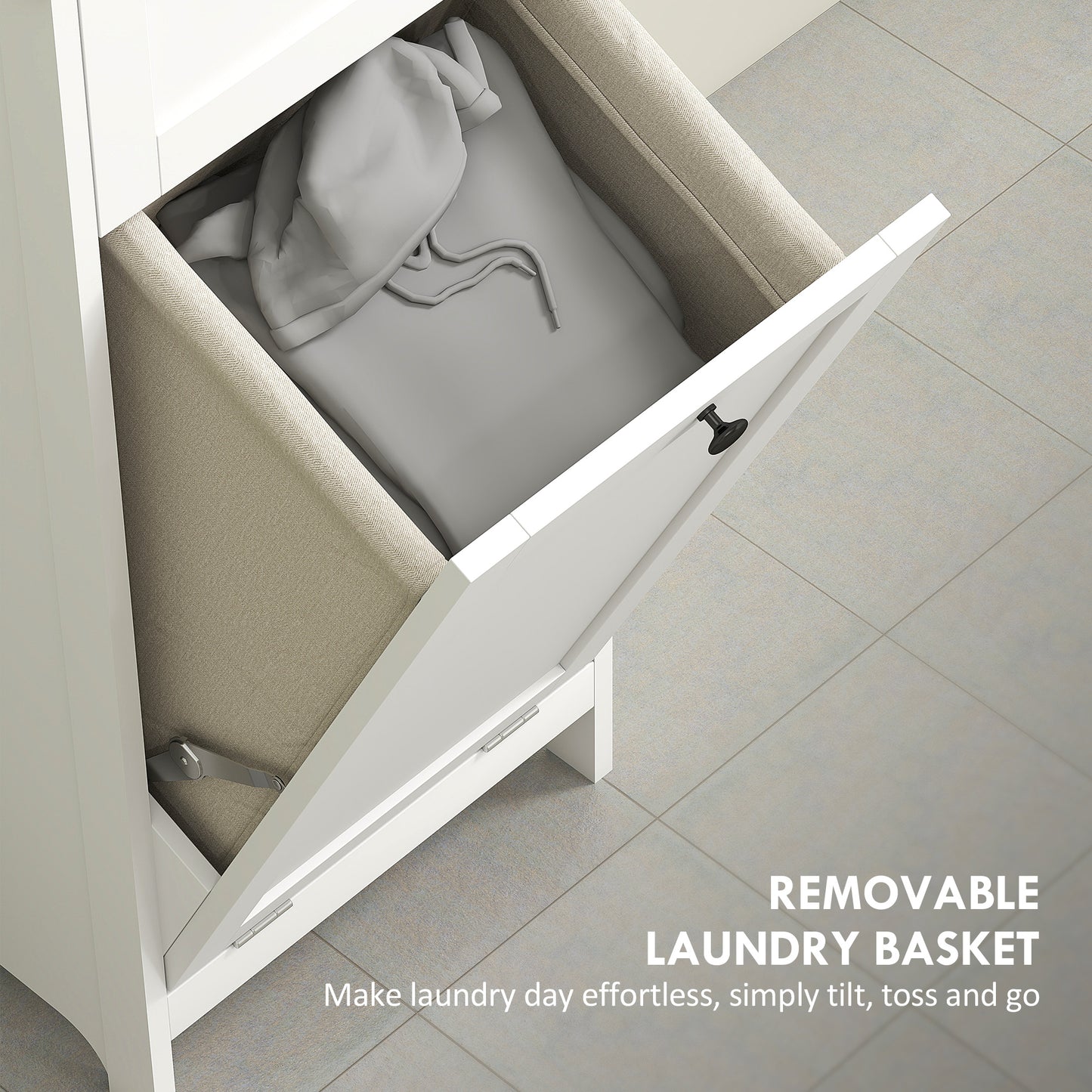 HOMCOM Tall Bathroom Cabinet With 30 L Laundry Hamper White Storage Organizer For Towels And Laundry