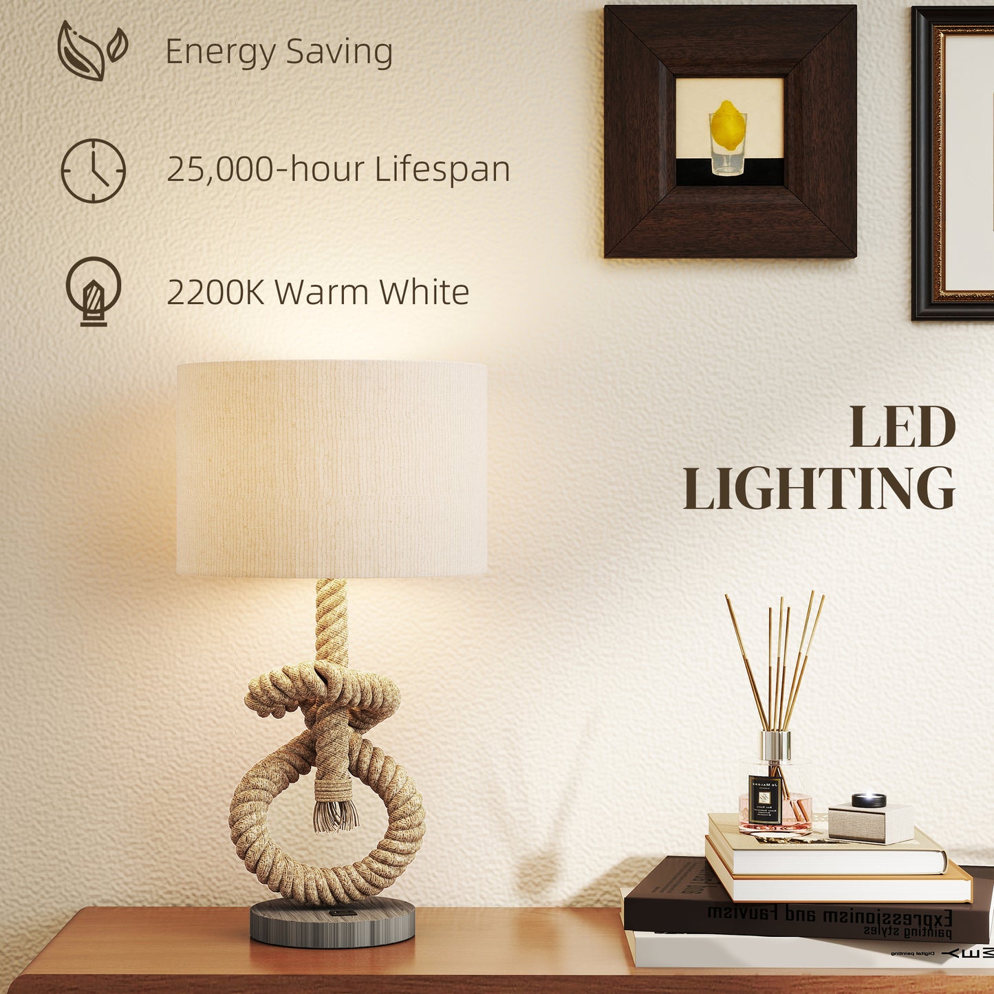 HOMCOM Nautical Table Lamps Set Of 2 With USB Port For Bedroom And Living Room Warm White LED Bulbs Included Hemp Rope