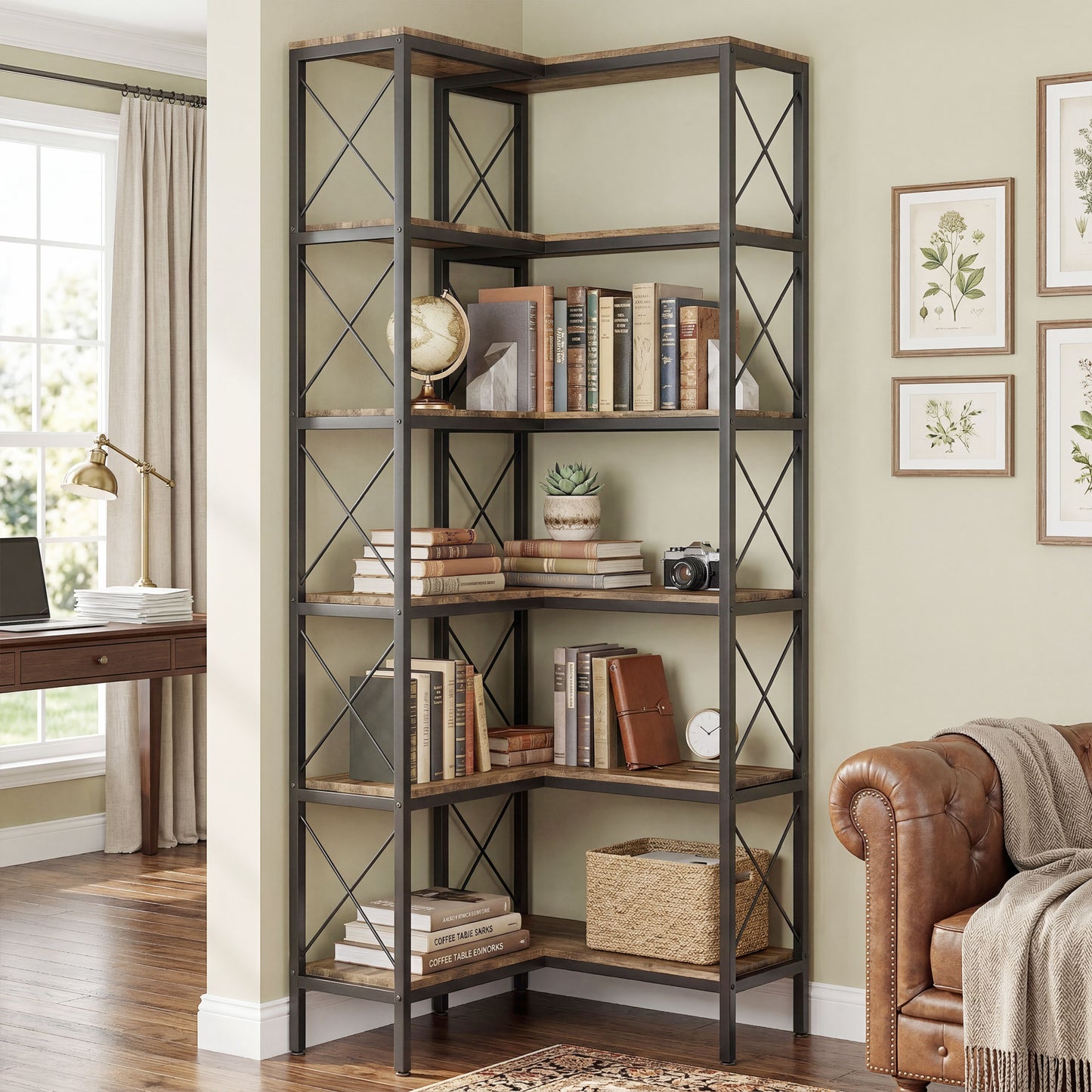 HOMCOM 5 Tier L Shaped Bookshelf Freestanding Corner Bookcase With Metal Frame Rustic Brown