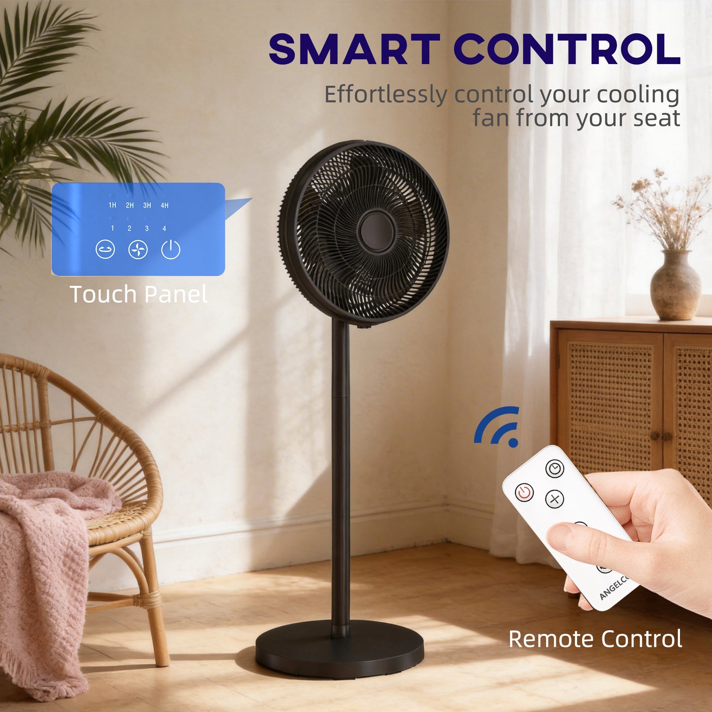 HOMCOM 40 cm Standing Fan With 80 Degree Oscillation Adjustable Tilt And Height 4 Speeds Remote Control Black