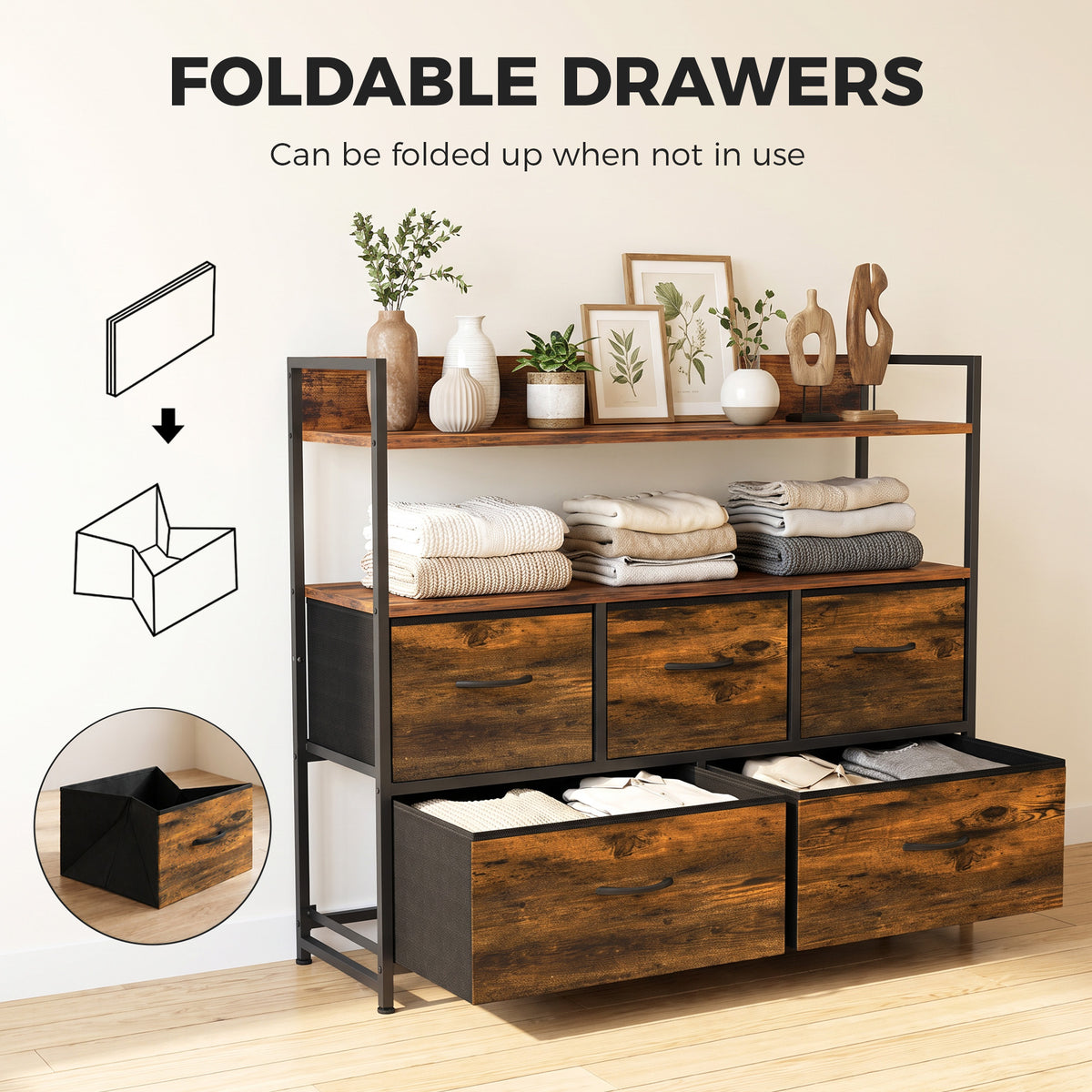 Rustic brown dresser with foldable fabric drawers and open shelf storage
