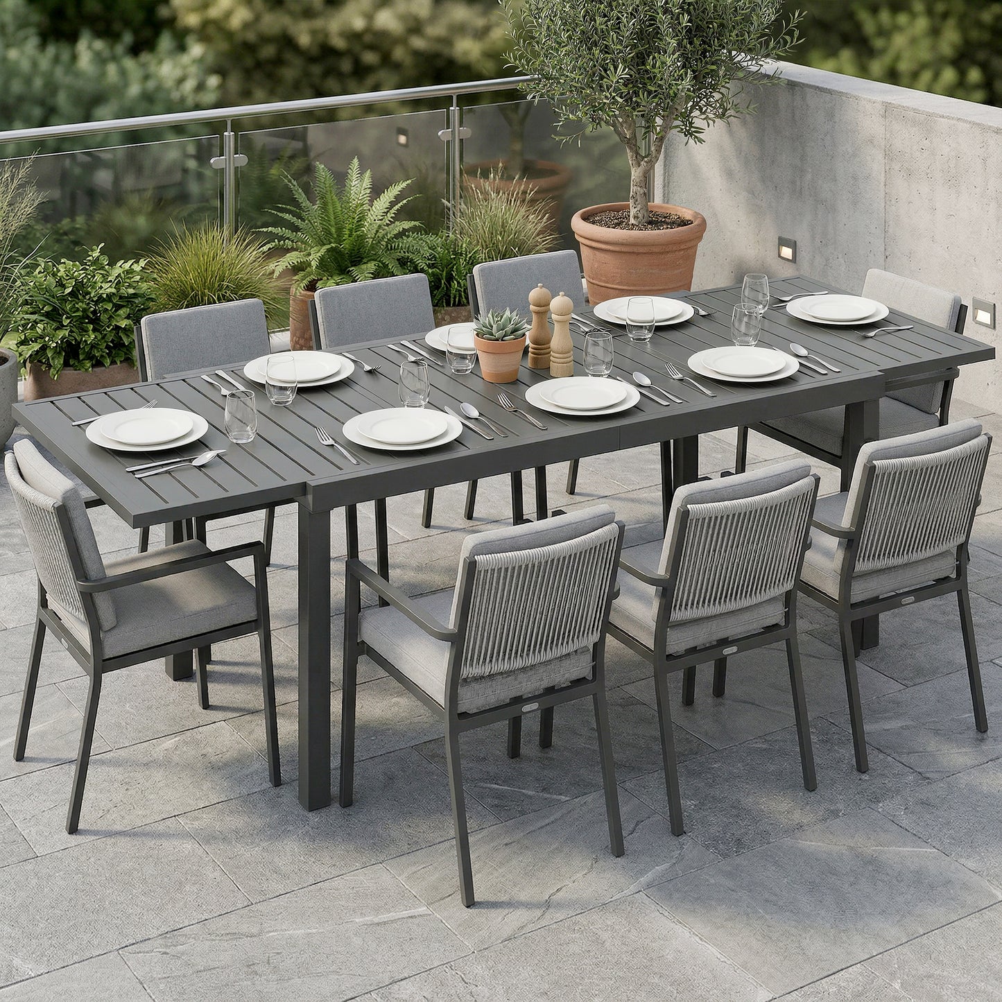 Outsunny Extending Aluminium Outdoor Dining Table For 6 To 8 People With Slatted Top Dark Grey