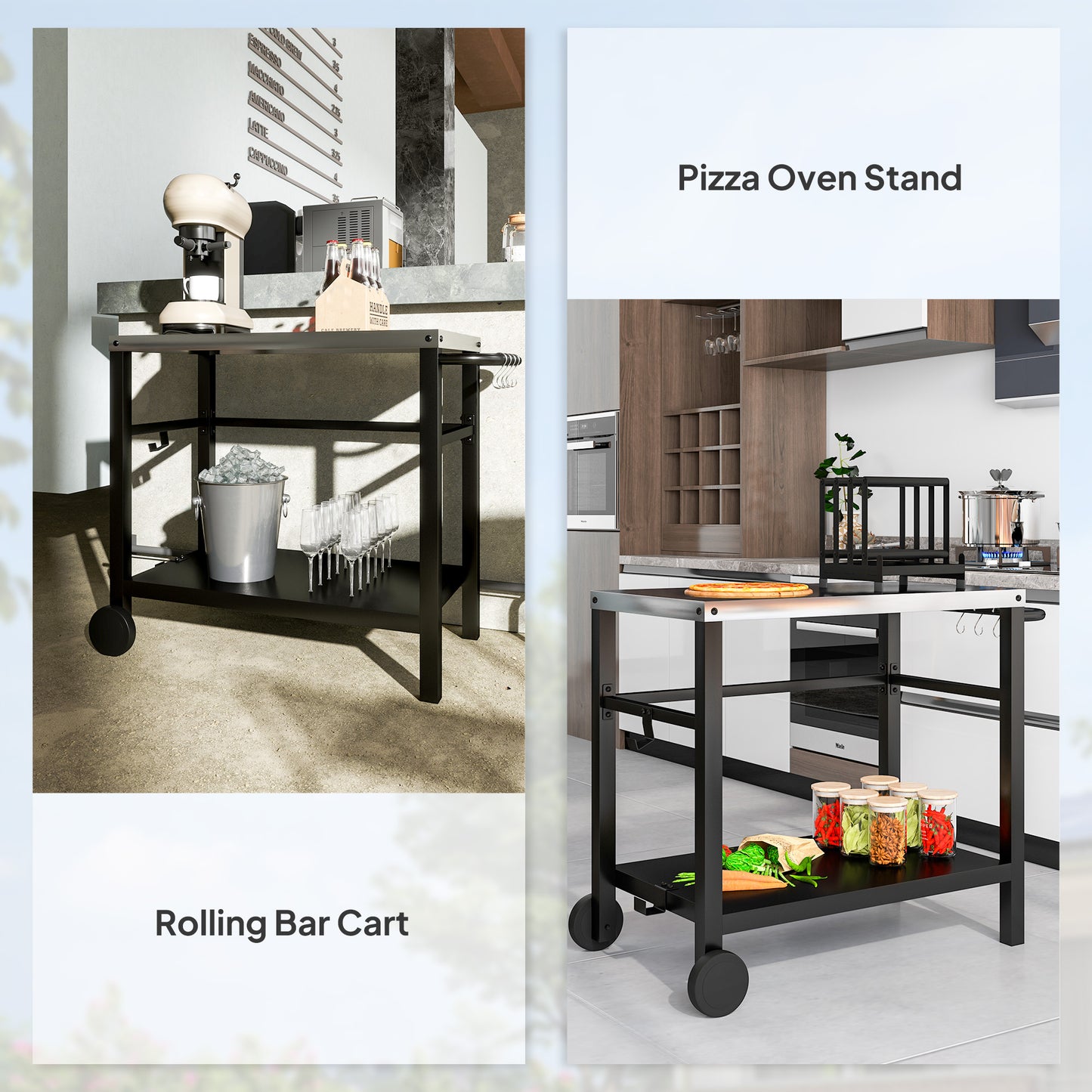 Outsunny Outdoor Grill Cart with Stainless Steel Top Two Shelf Portable BBQ Trolley with Hooks Wheels Charcoal Grey