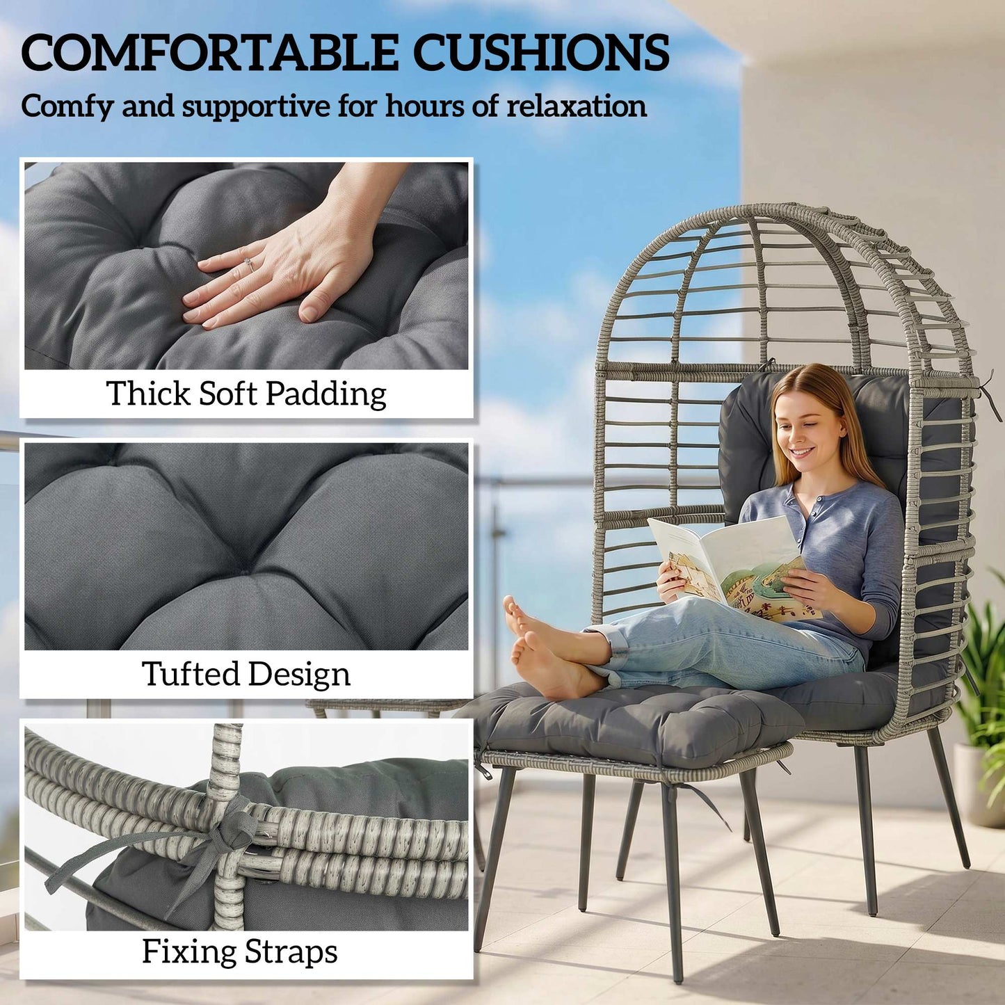 Outsunny Garden Egg Chair With Footstool Rattan Indoor Outdoor Lounge Chair And Ottoman Set Thick Cushions Light Grey