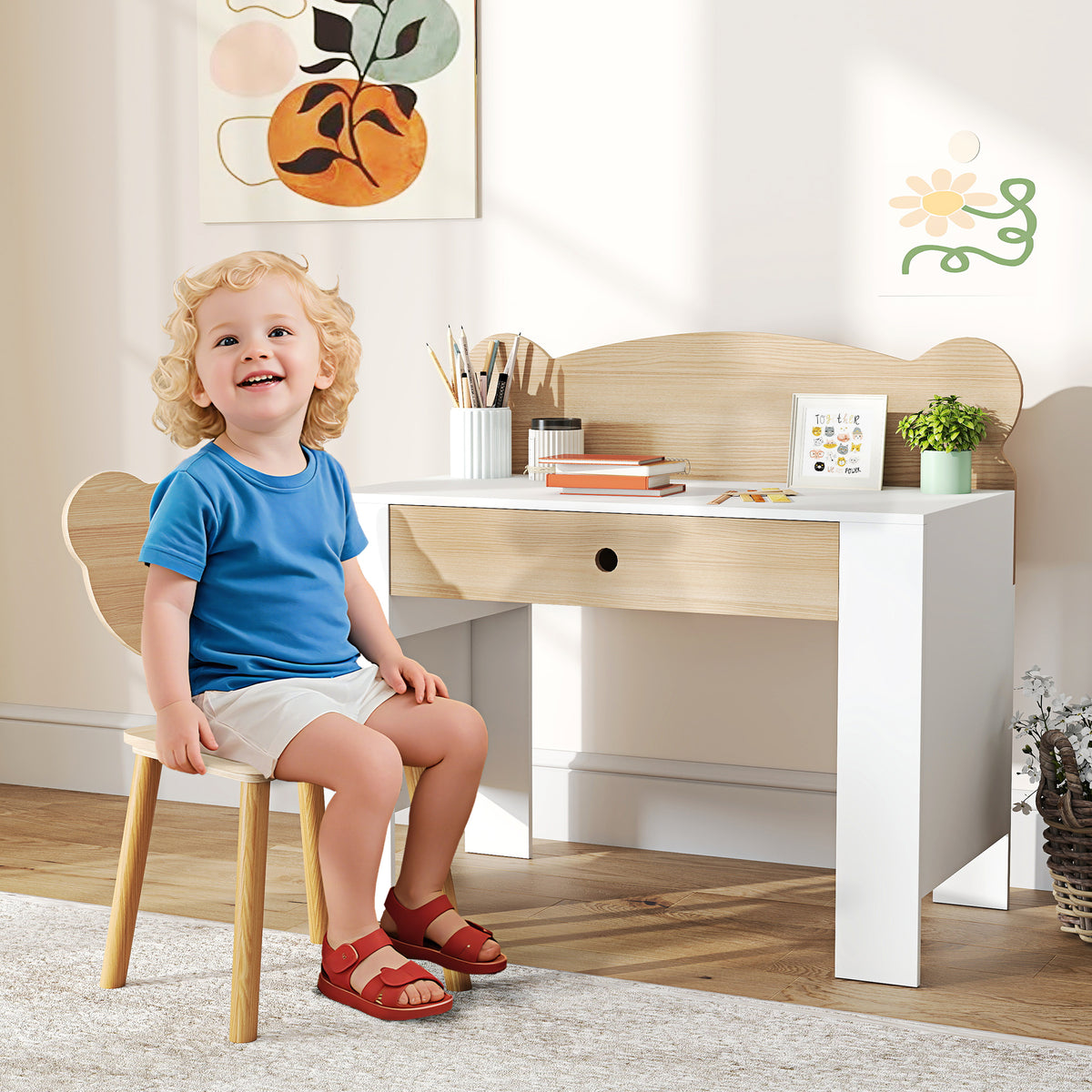 AIYAPLAY Kids Desk and Chair Set with Drawer Bear Theme for Drawing and Reading