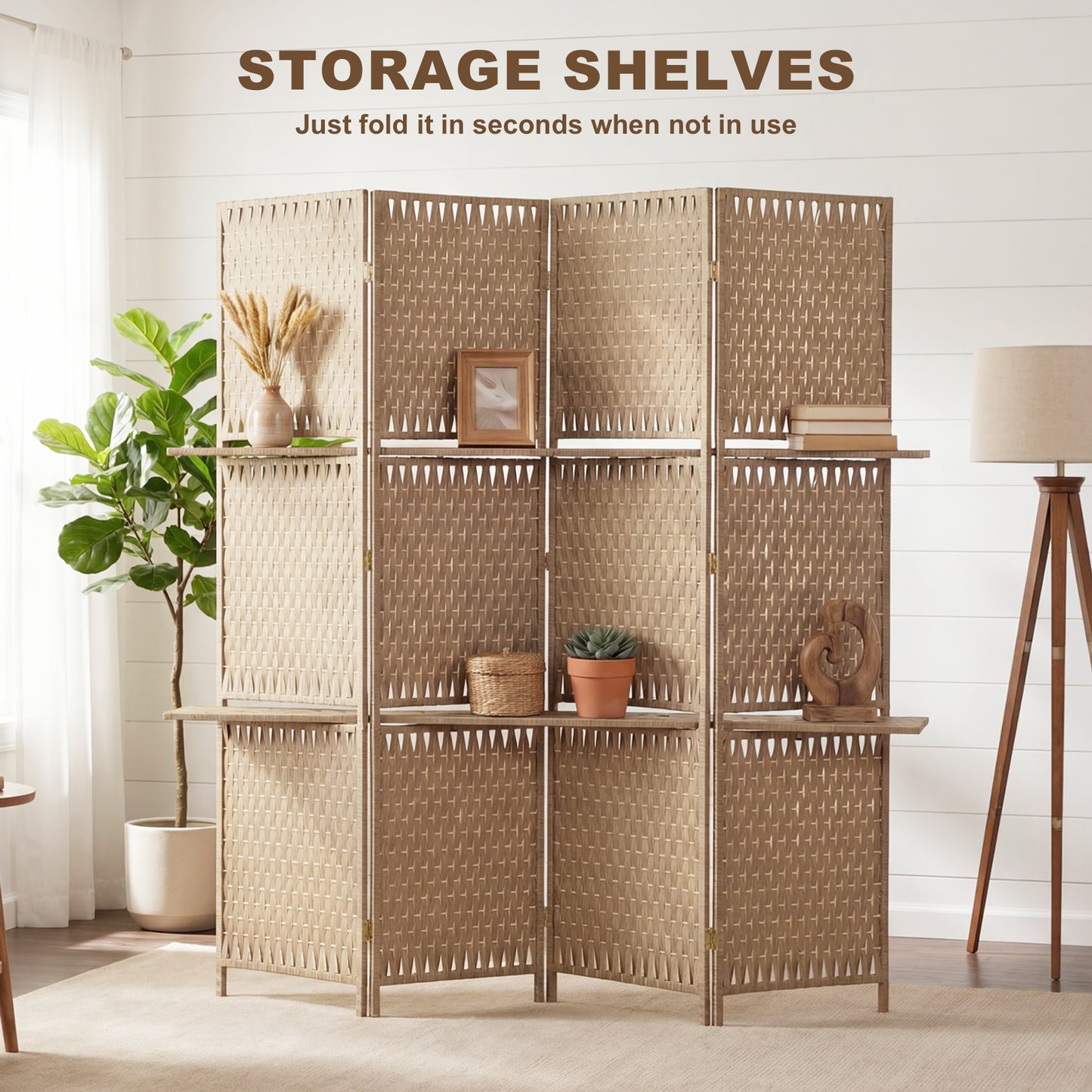 HOMCOM Wave Fibre Freestanding Folding Privacy Screen Panels Room Divider With Shelves Natural Wood Finish