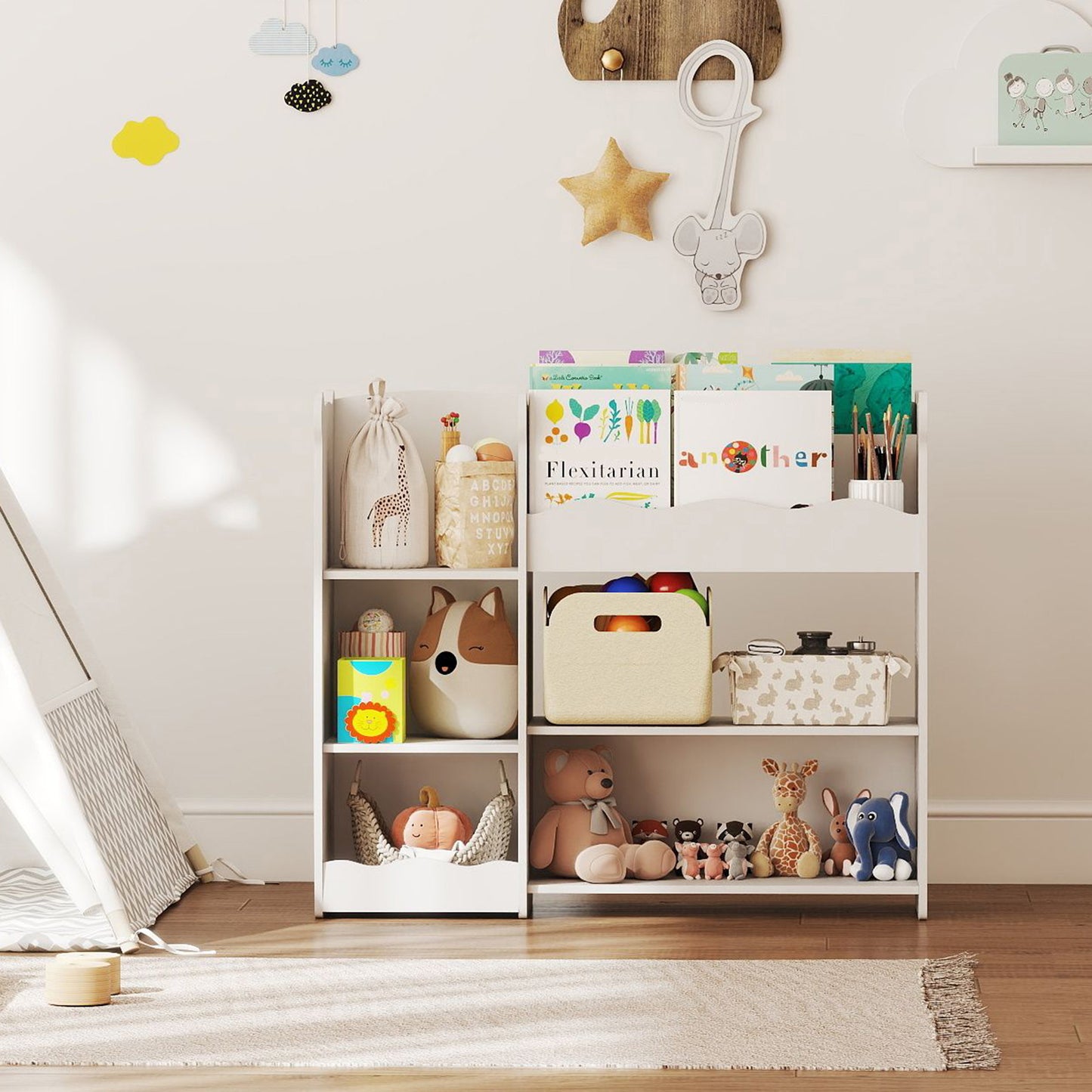 AIYAPLAY Bear Design Kids Toy Storage Unit Bookshelf And Organizer For Bedroom Nursery Playroom White