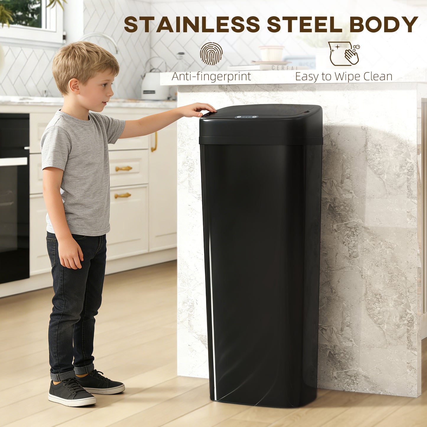 HOMCOM 50L Stainless Steel Sensor Bin Black With Auto Open Lid And Manual Stay Open