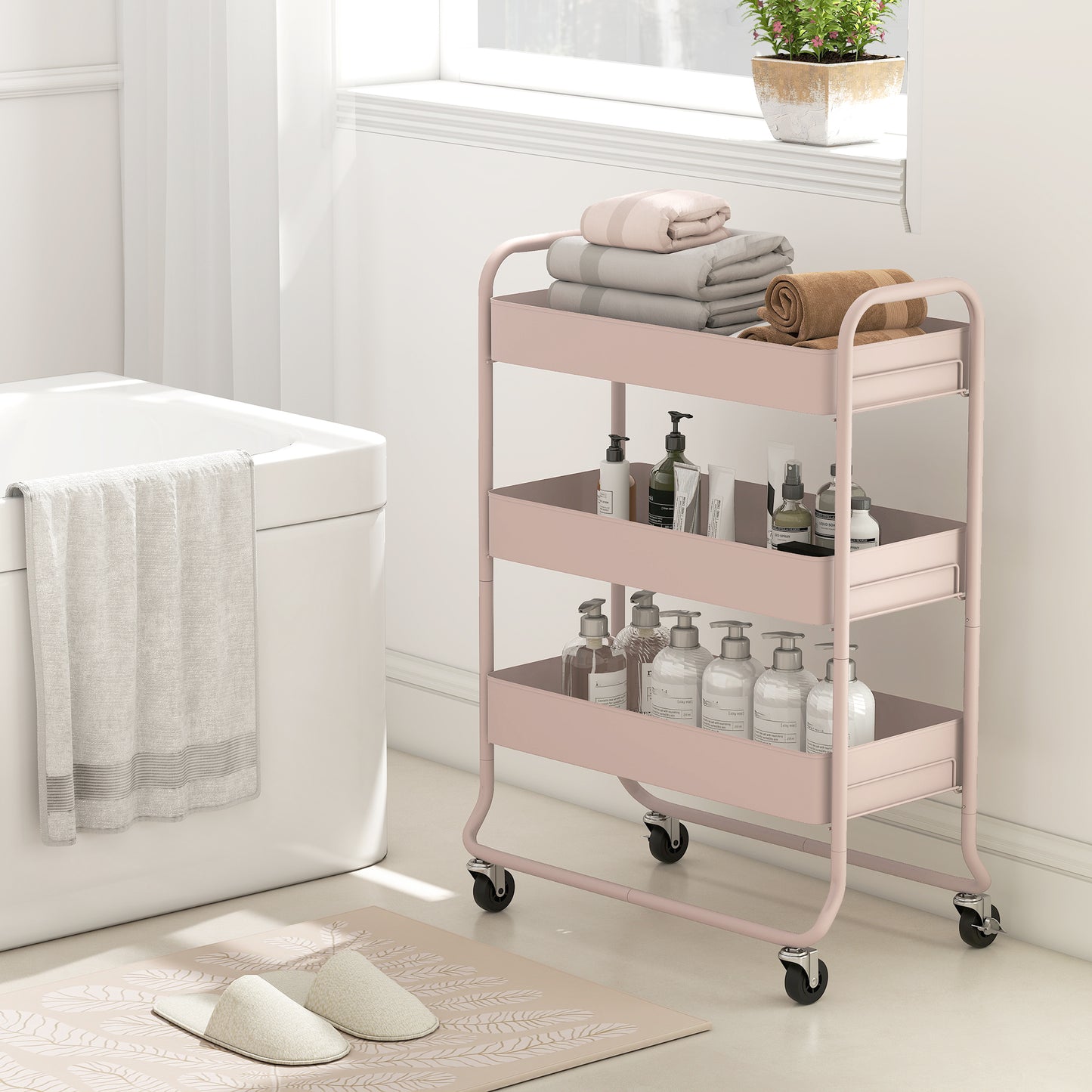 HOMCOM Three Tier Storage Trolley On Wheels With Mesh Baskets In Light Pink For Kitchen Bathroom And Bedroom