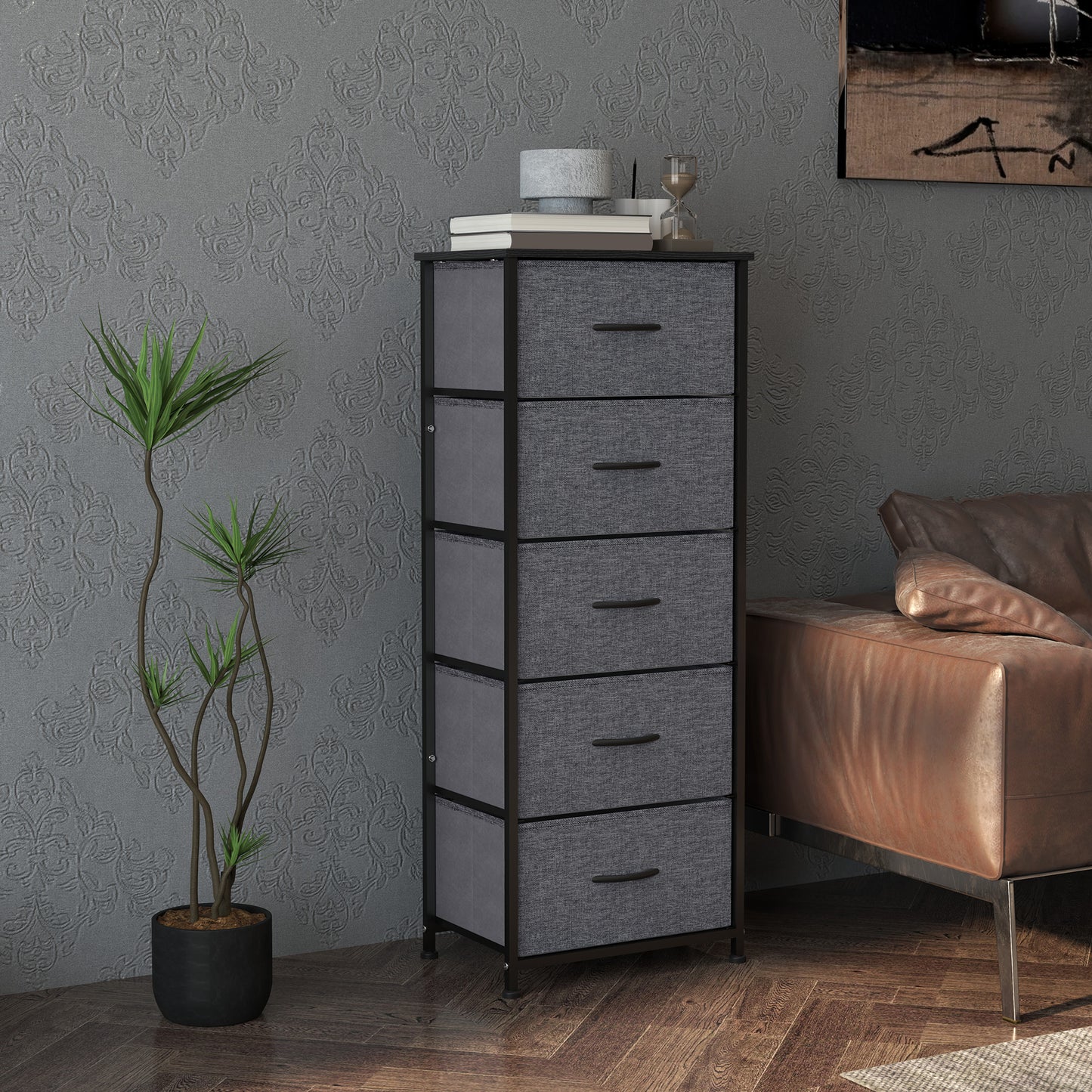 HOMCOM Fabric Chest of Drawers With 5 Fabric Drawers Industrial Steel Frame And Wooden Top Dark Grey