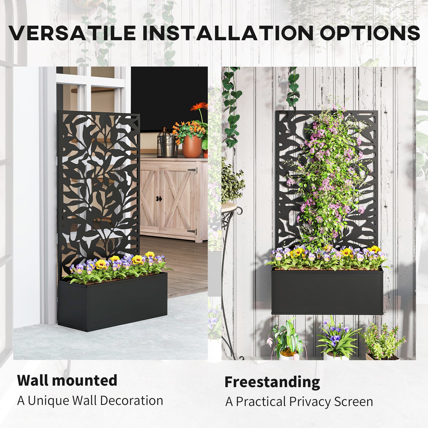 Outsunny Metal Garden Bed With Trellis Raised Planter Privacy Panel Wall Mounted Or Freestanding Black
