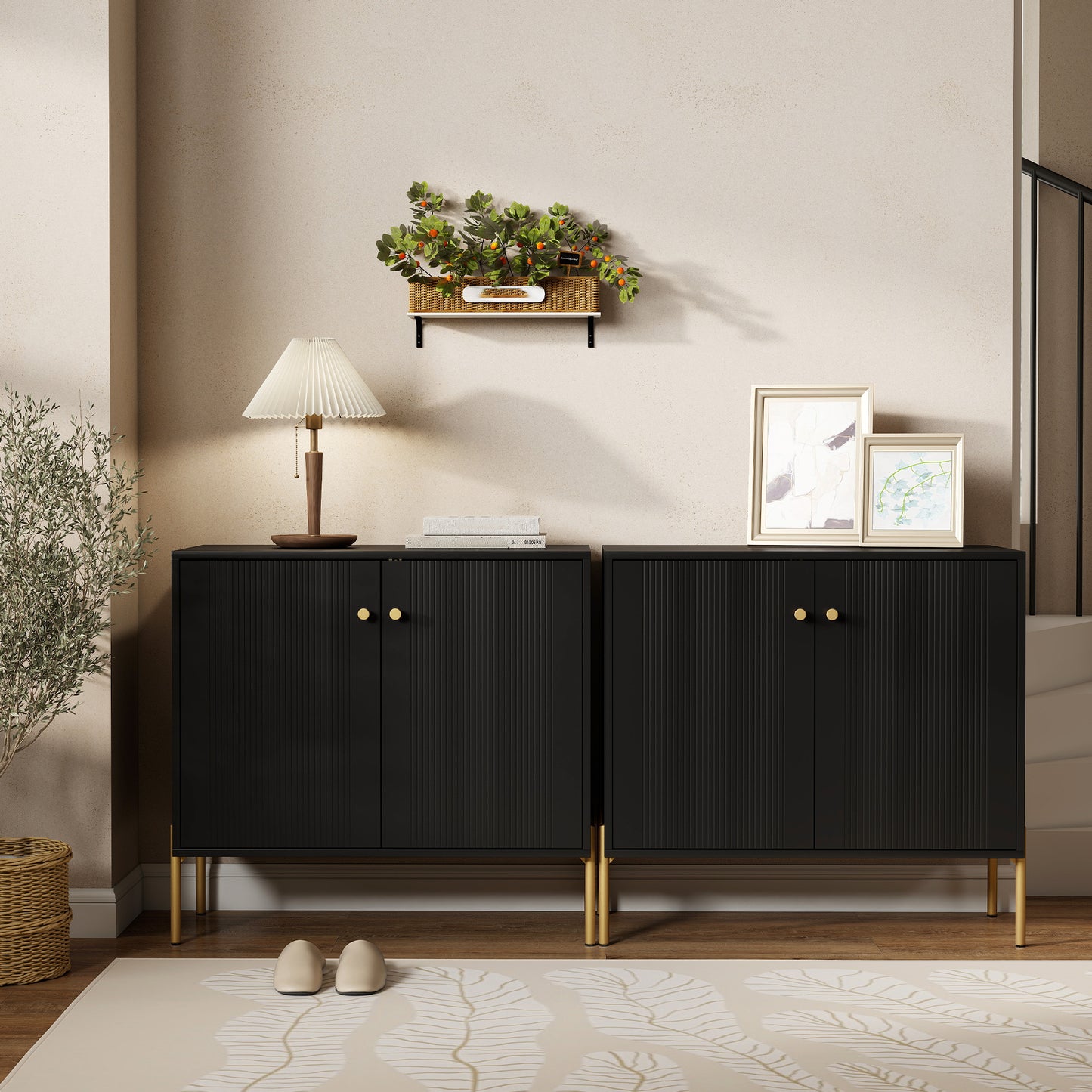 HOMCOM Sideboard Buffet Cabinet With Fluted Doors And Adjustable Shelf Black Coffee Bar Storage