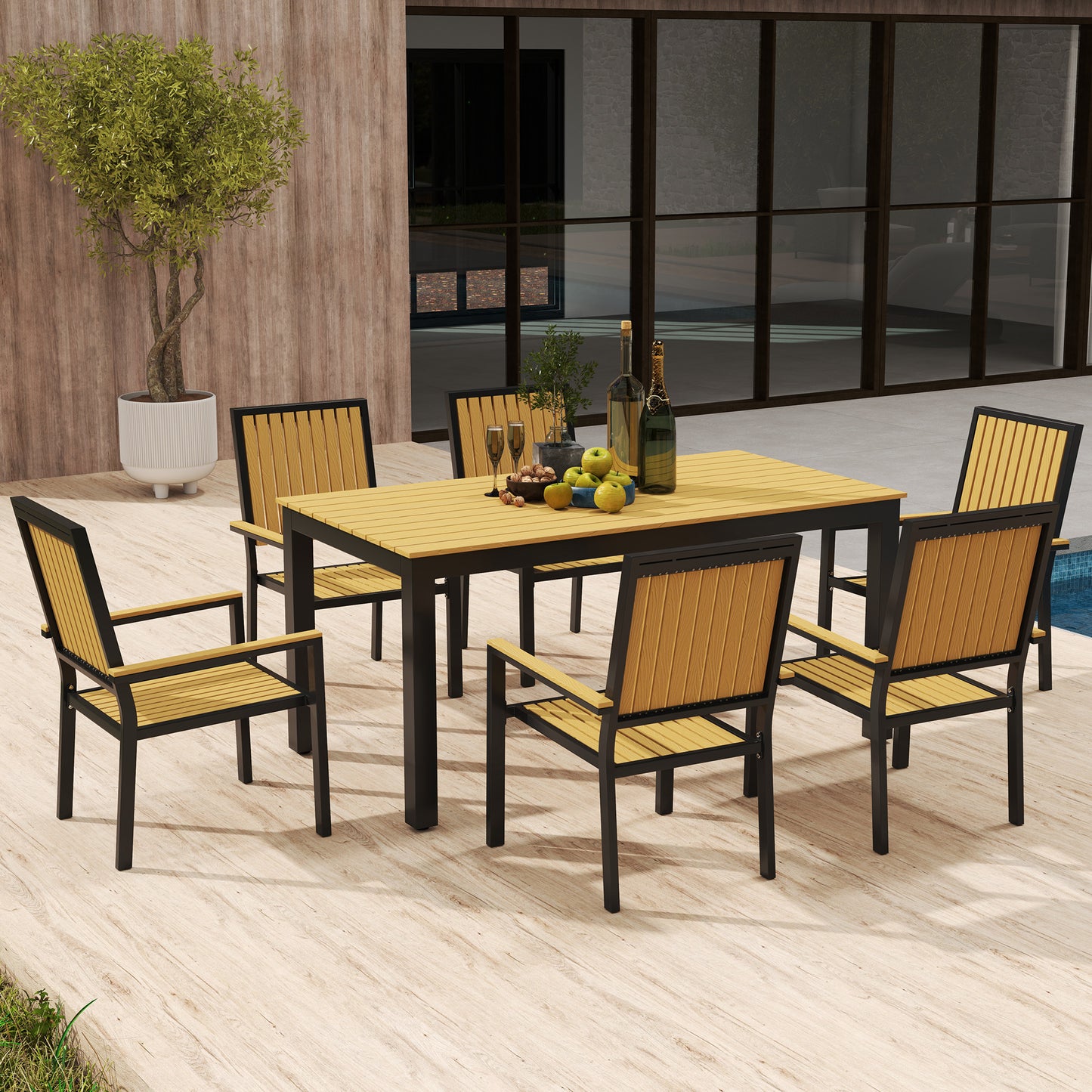 Outsunny 6 Seater Garden Dining Set With Aluminium Frame Rectangular Wood Plastic Composite Top And Stackable Chairs