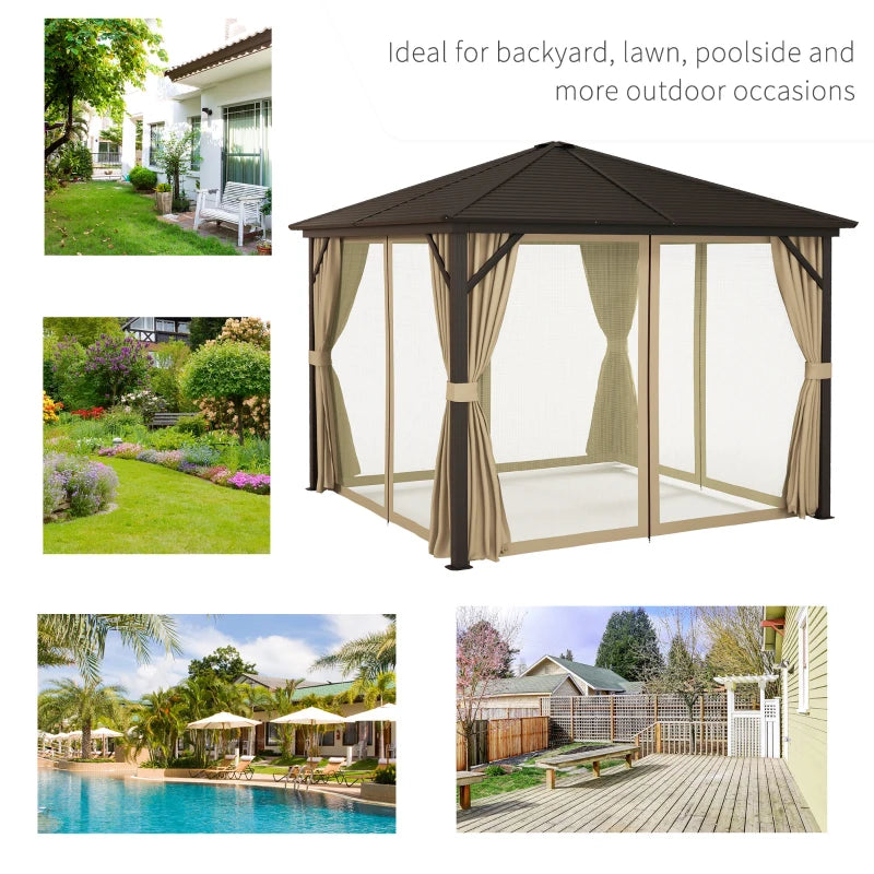 Outsunny 3x3m Metal Hardtop Gazebo with Curtains and Accessories - Brown: Stylish Outdoor Shelter Solution - ALL4U RETAILER LTD