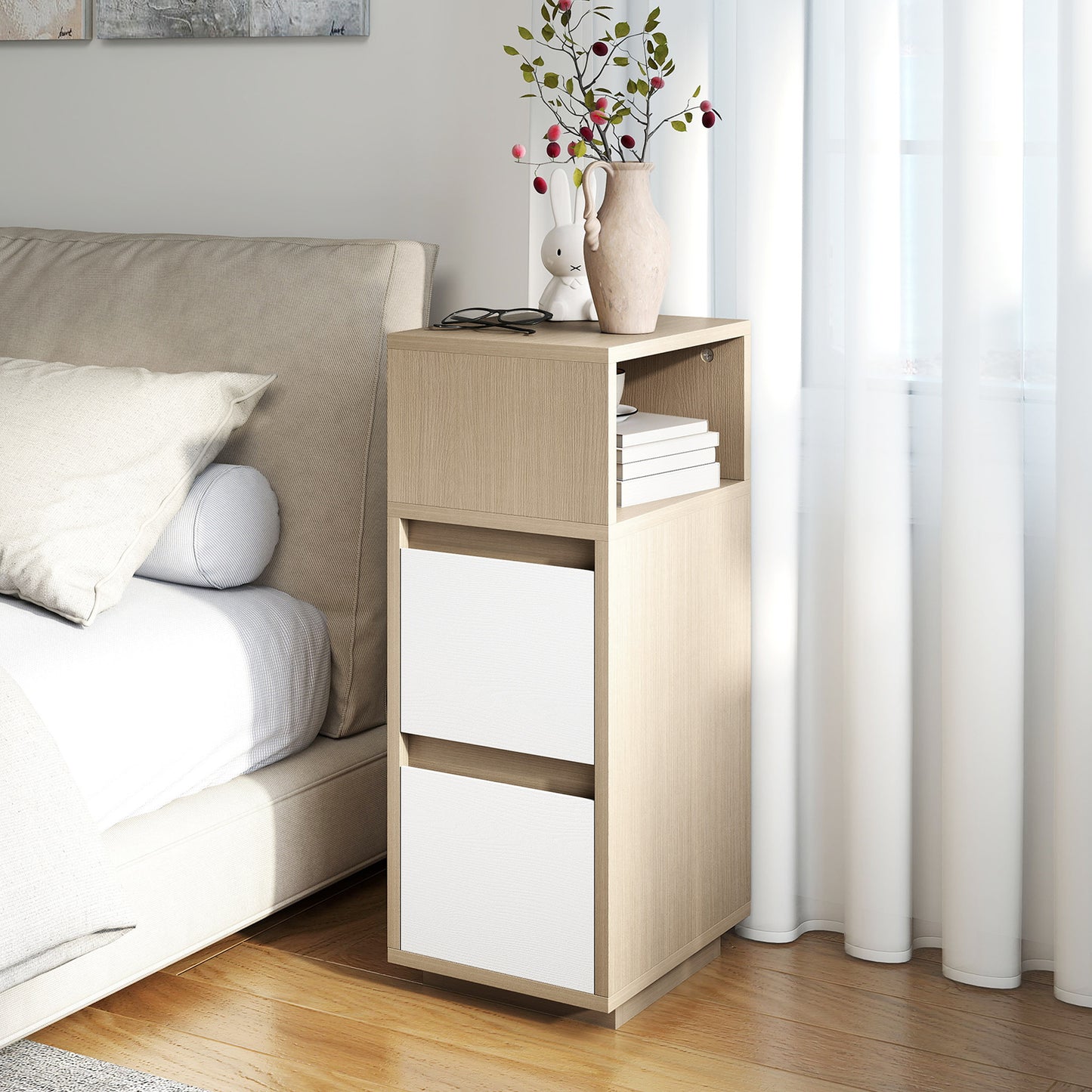 HOMCOM Slim Bedside Table Narrow Cabinet With Open Shelf And Two Drawers Natural Wood Finish For Bedroom And Living Room
