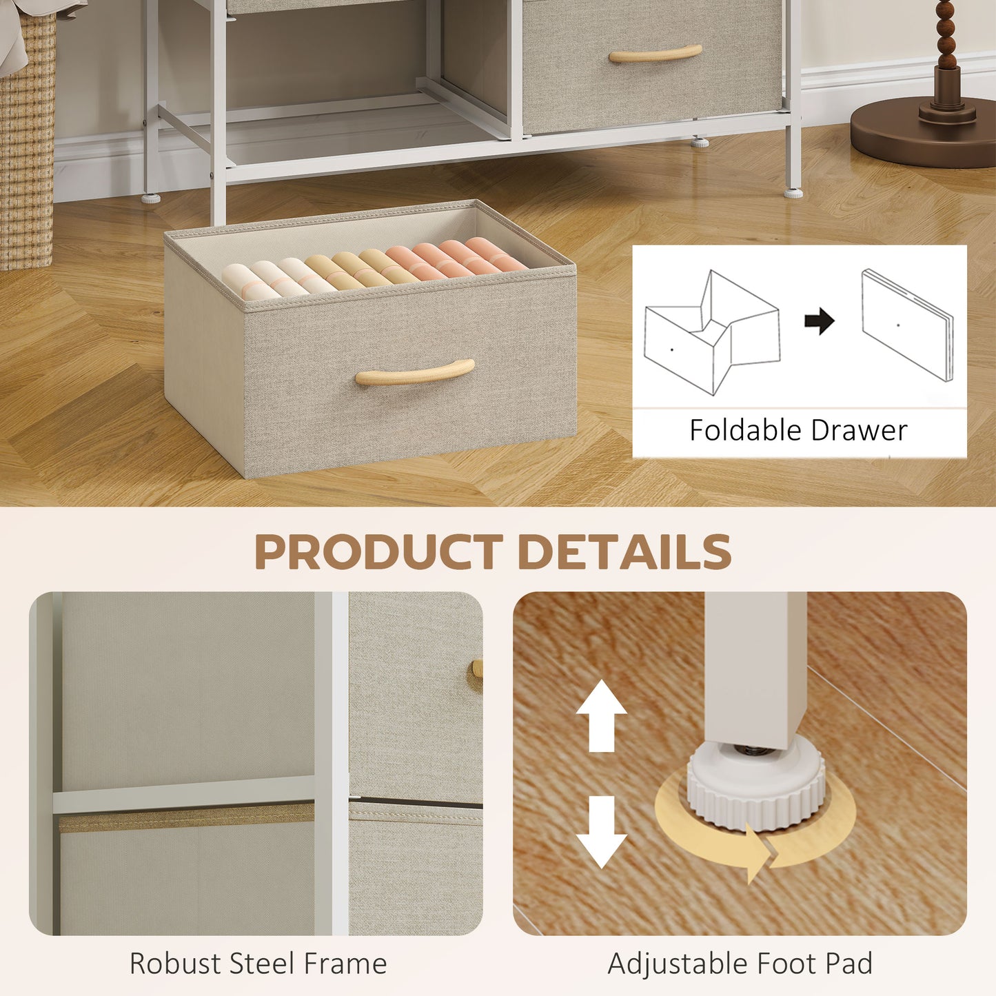 HOMCOM Fabric Chest Of Drawers With 8 Fabric Drawers Steel Frame Maple Wood Top Dresser For Nursery Living Room Hallway