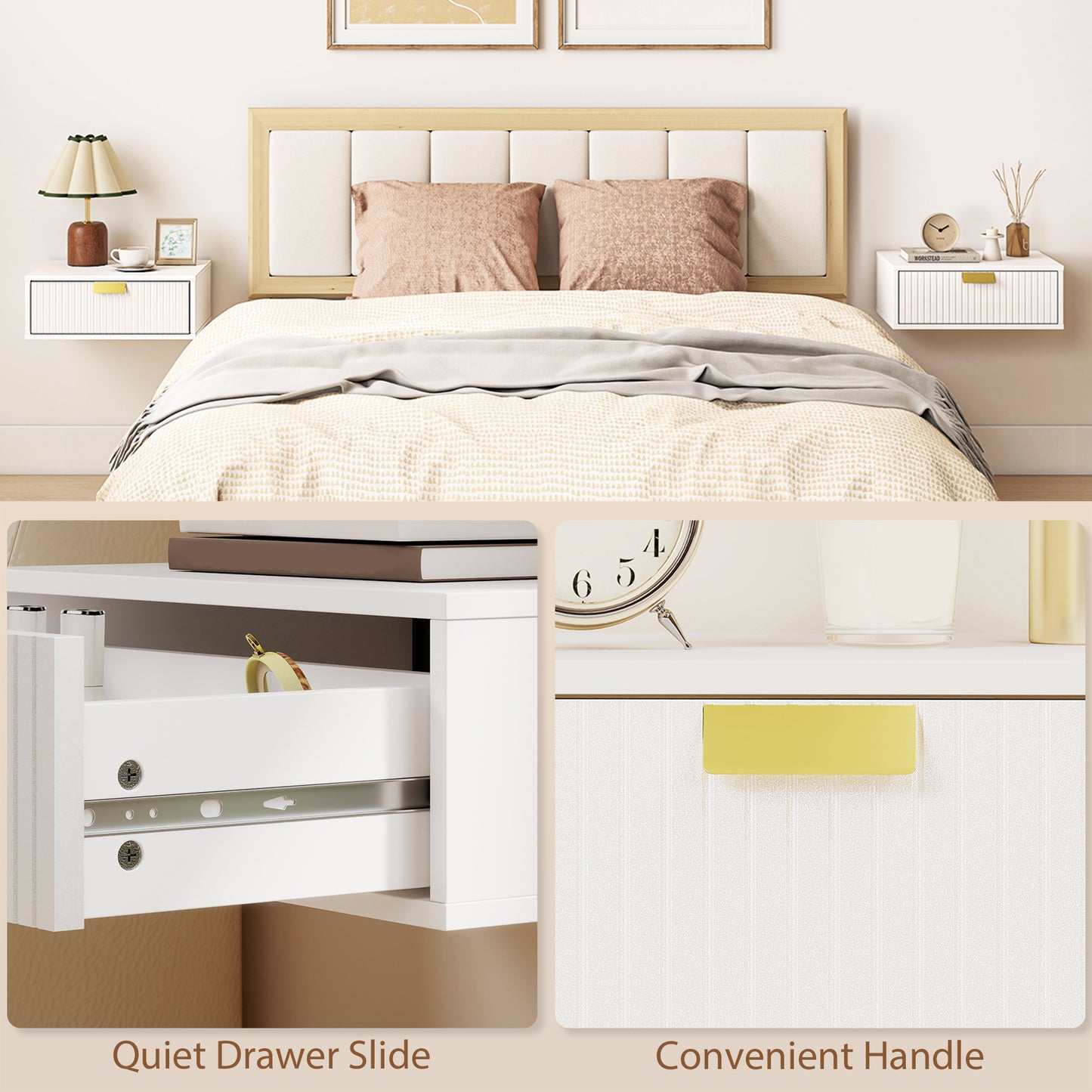 HOMCOM Floating Nightstands Set of 2 Wall Mounted Bedside Tables With Wave Drawer White Finish