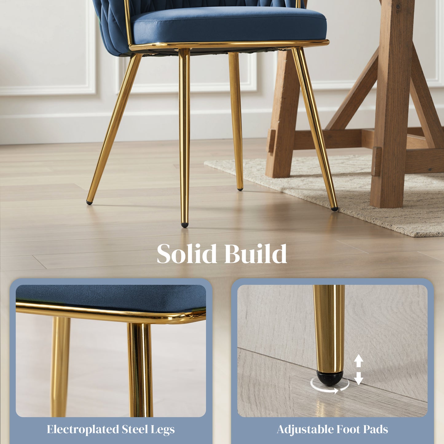 HOMCOM Velvet-Feel Dining Chairs Set of 2 with Knot Back and Gold Legs, Dark Blue