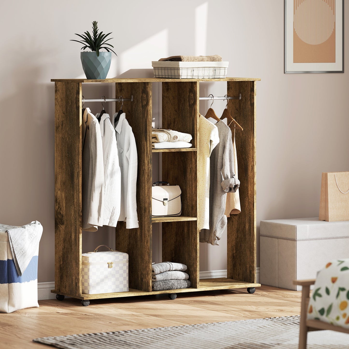HOMCOM Open Wardrobe Double Mobile Storage Shelves Organizer With 6 Wheels Rustic Brown