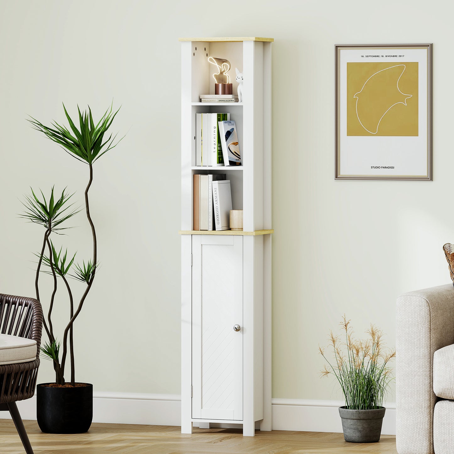 Kleankin Slim Bathroom Storage Cabinet With Three Open Compartments And Adjustable Shelves White 34 x 23 x 165 Cm