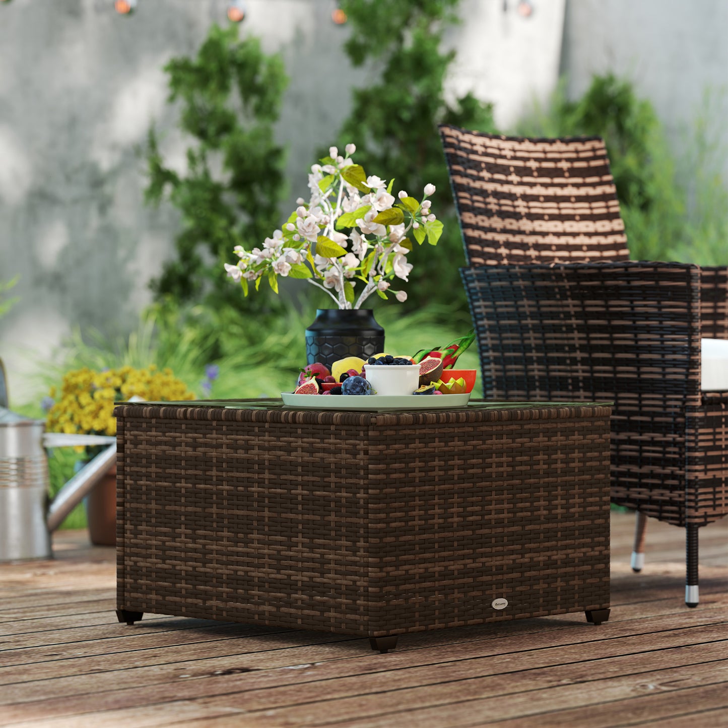 Outsunny 62 By 62 Cm Tempered Glass Top Rattan Side Table Brown Garden Outdoor Furniture