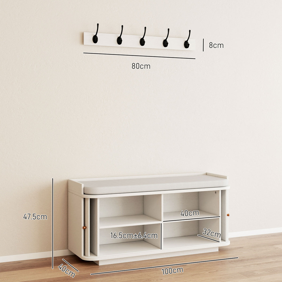 HOMCOM Hallway Storage Bench With Shoe Cabinet, Coat Rack And 5 Hooks White
