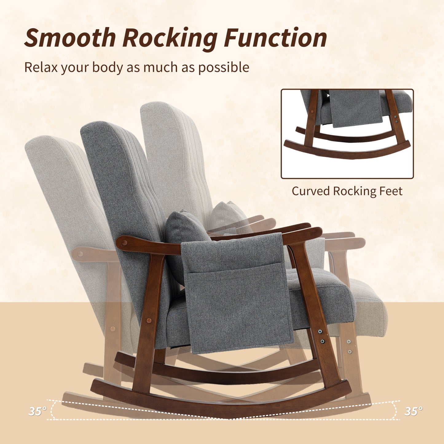 HOMCOM Wood Frame Rocking Armchair Grey With Padded Seat And Back For Cozy Lounging
