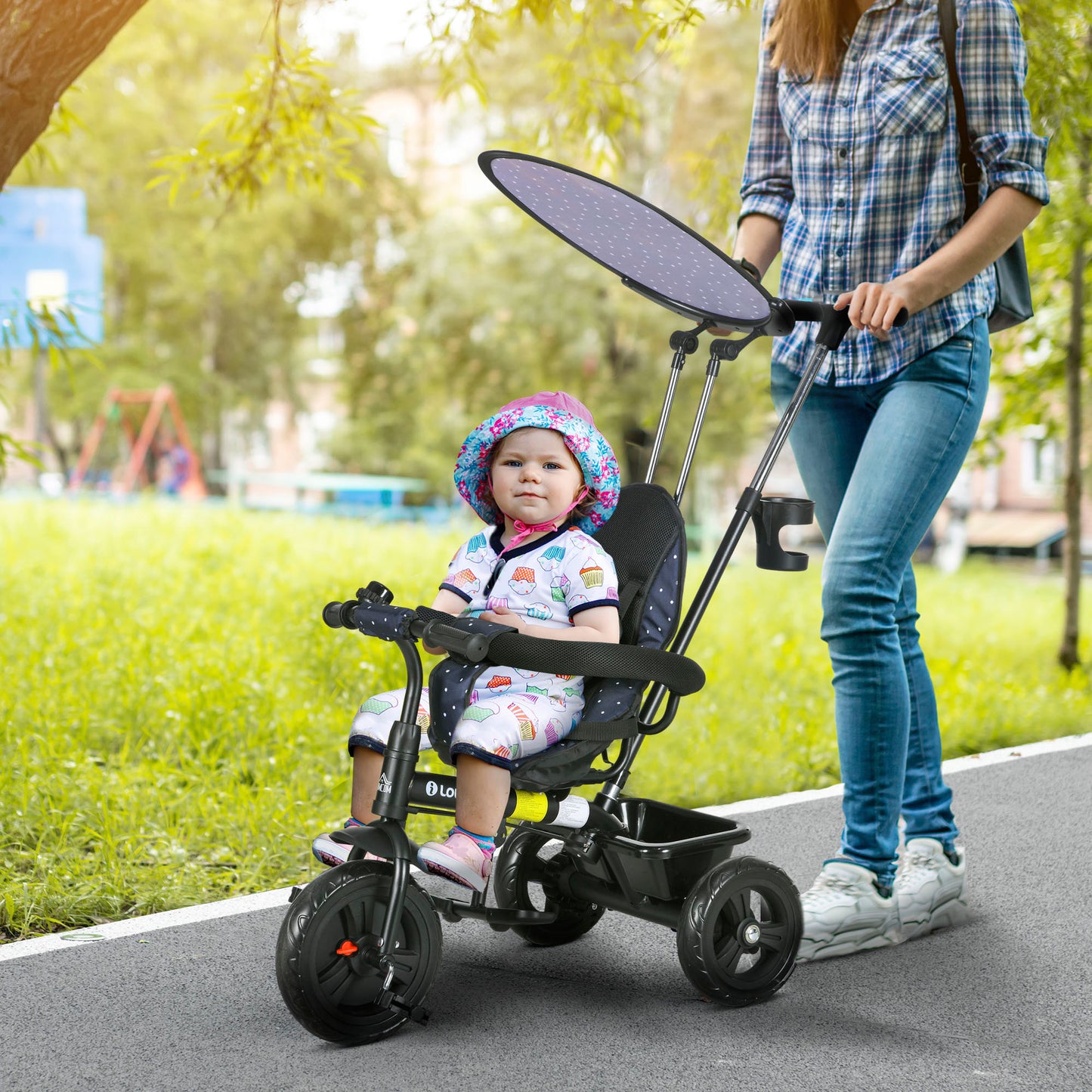 AIYAPLAY 6-in-1 Versatile Dark Blue Tricycle for Kids with Safety Harness and Removable Canopy - ALL4U RETAILER LTD