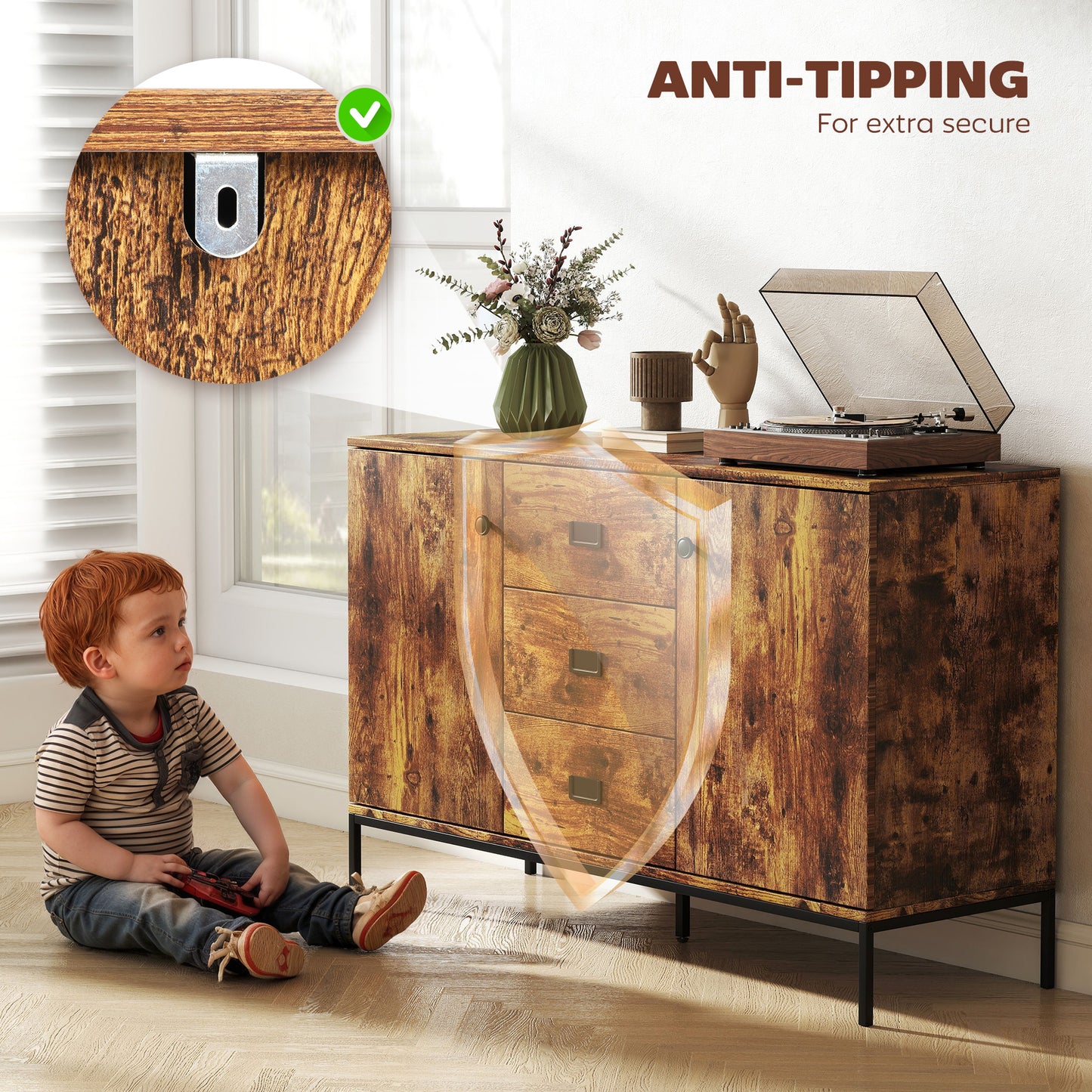HOMCOM Modern Rustic Brown Sideboard With Storage Cabinets Three Drawers And Adjustable Shelves