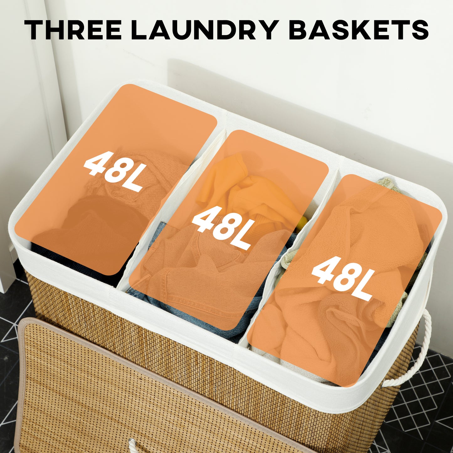 HOMCOM 3 Section Laundry Basket with Lid 144L Brown Bamboo Hamper with Handles Removable Washable Liner