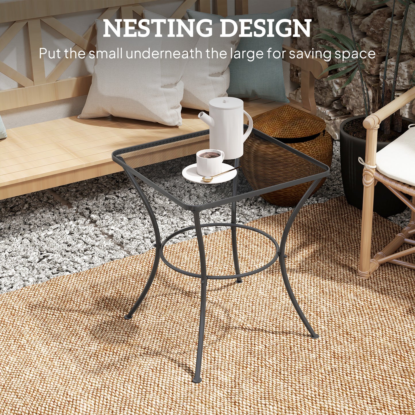 Outsunny 60cm Square Garden Table Outdoor Metal Bistro Side Desk With Mesh Top Black