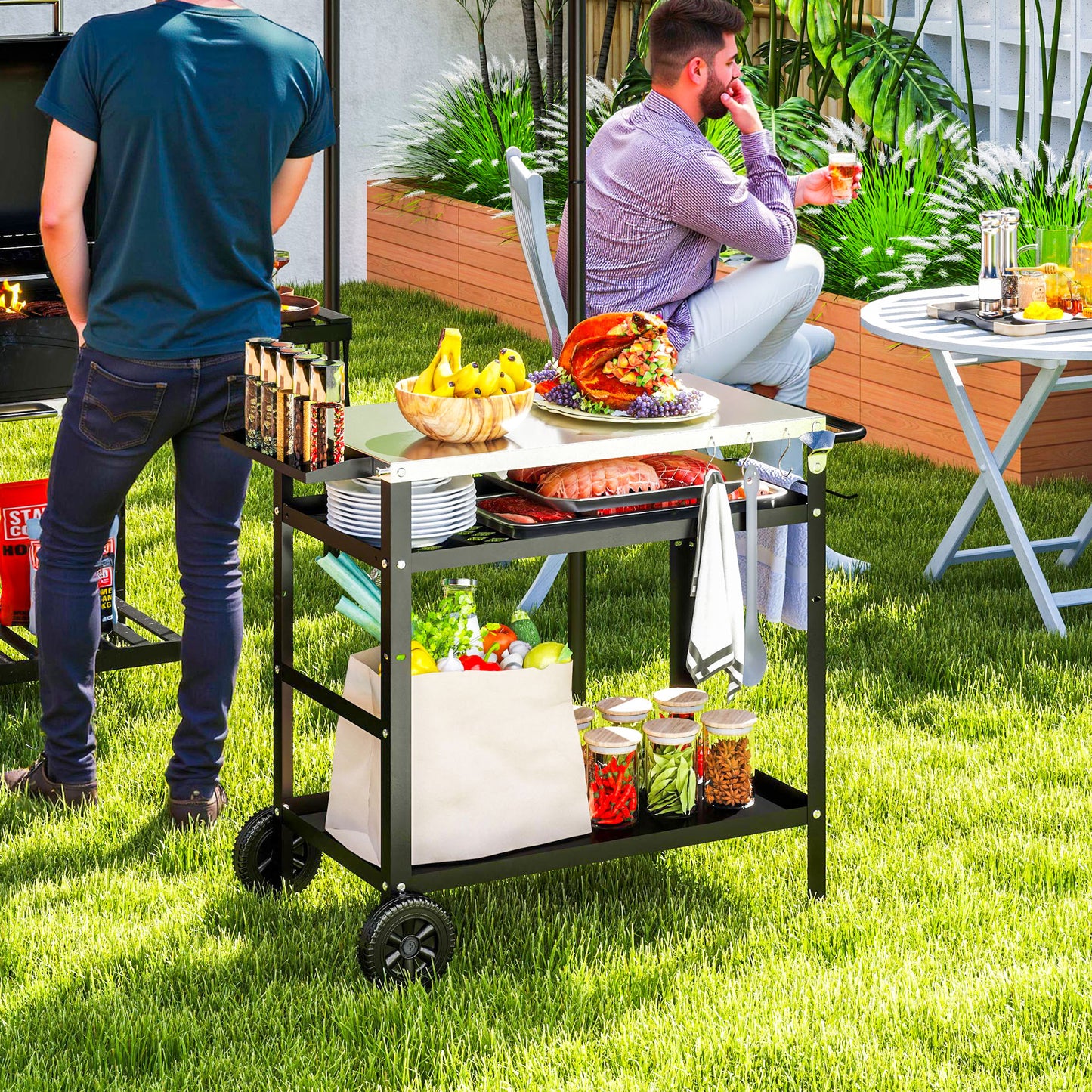 Outsunny Outdoor BBQ Trolley With Stainless Steel Top Adjustable Shelf Movable Grill Cart With Hooks Cover Black
