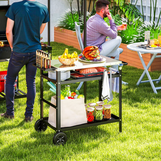 Outsunny Outdoor BBQ Trolley With Stainless Steel Top Adjustable Shelf Movable Grill Cart With Hooks Cover Black