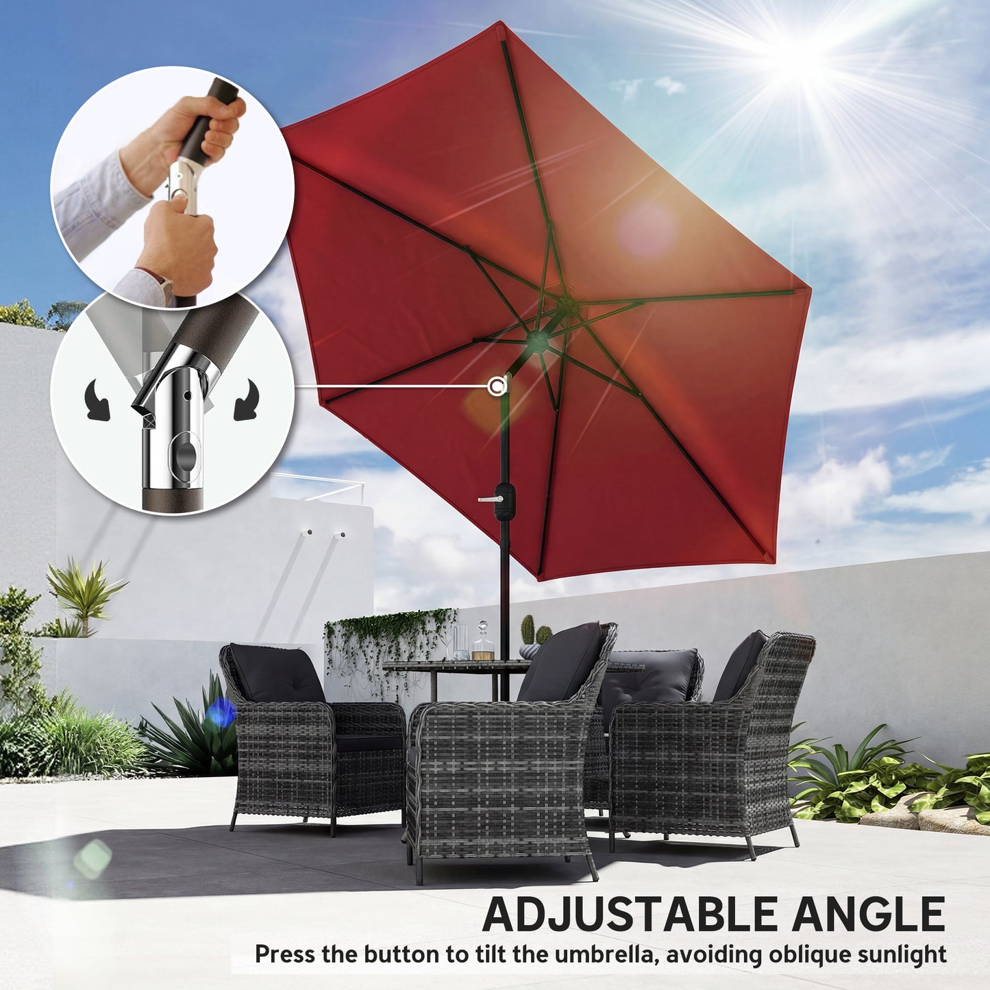 Outsunny 2.6 m Garden Parasol Umbrella With Aluminium Pole Tilt And Crank Vent Wine Red Outdoor Patio Shade