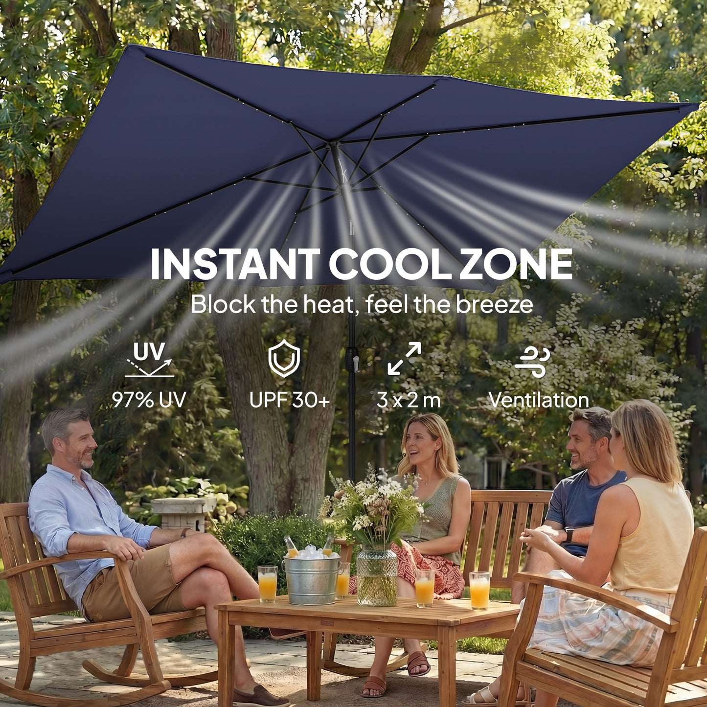 Outsunny 3 x 2 m Garden Parasol With LED Solar Lights Outdoor Market Patio Umbrella Navy Blue