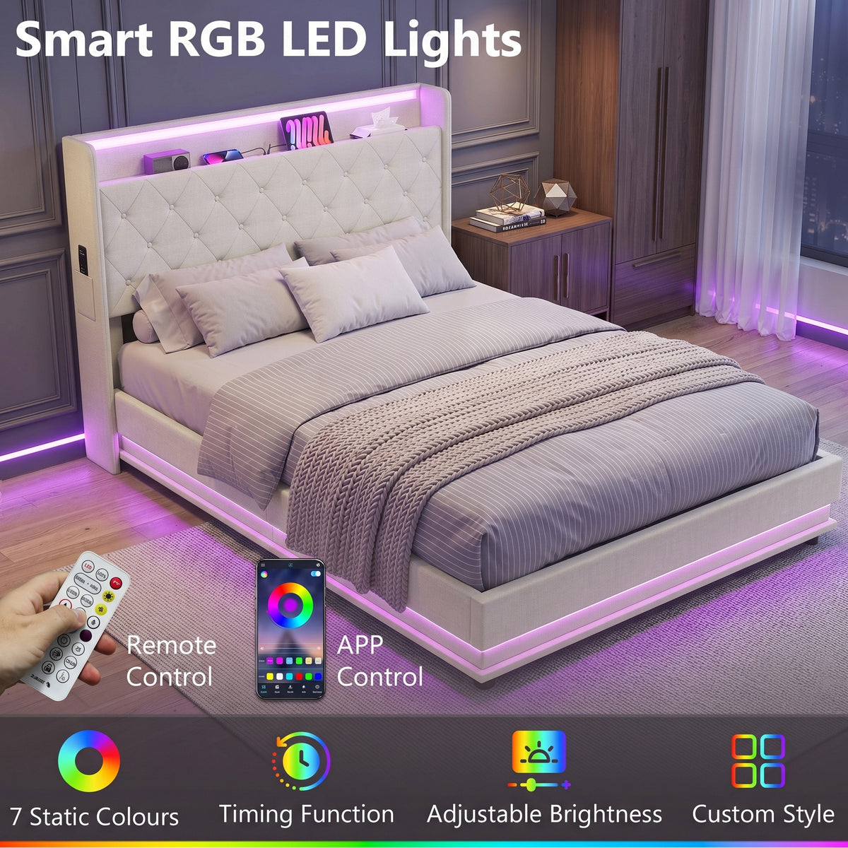 Homcom 4ft6 Double Bed Frame With Hydraulic Storage Led Lights Charging Cream