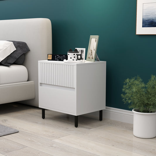 HOMCOM Simple Line Indented Two Drawer Bedside Table White Finish For Bedroom Storage And Nightstand Organization