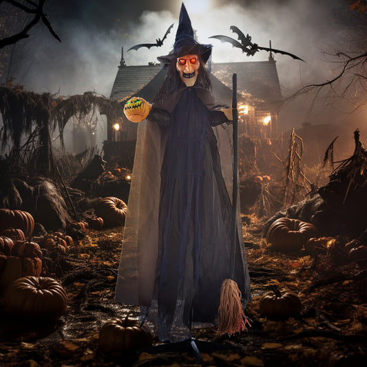 HOMCOM Animated Witch with Broomstick Halloween Prop - 75" Outdoor Decoration with Sound and Light Effects - ALL4U RETAILER LTD