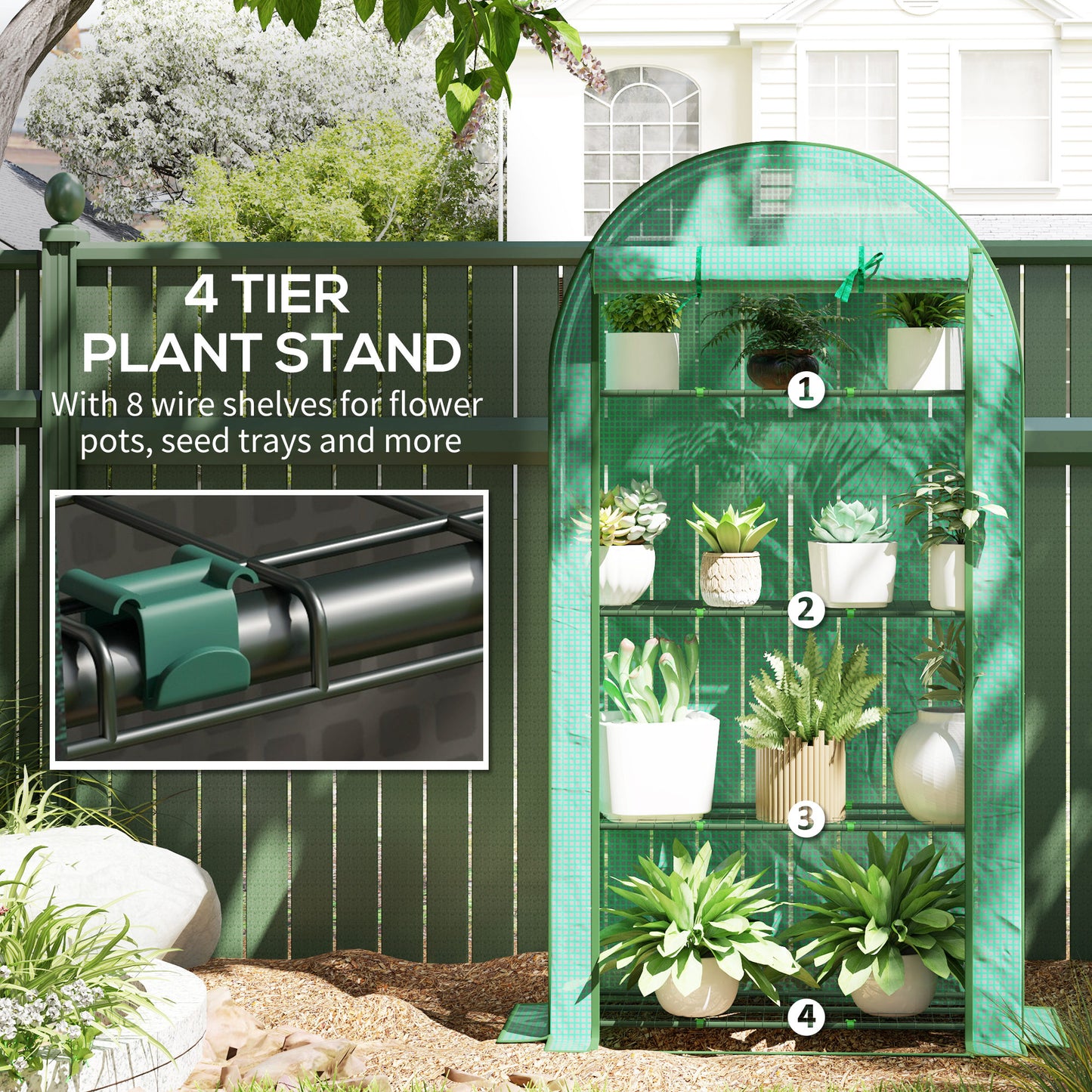 Outsunny Four Shelf Mini Greenhouse in Green with UV Protective Cover and Roll Up Door for Easy Access