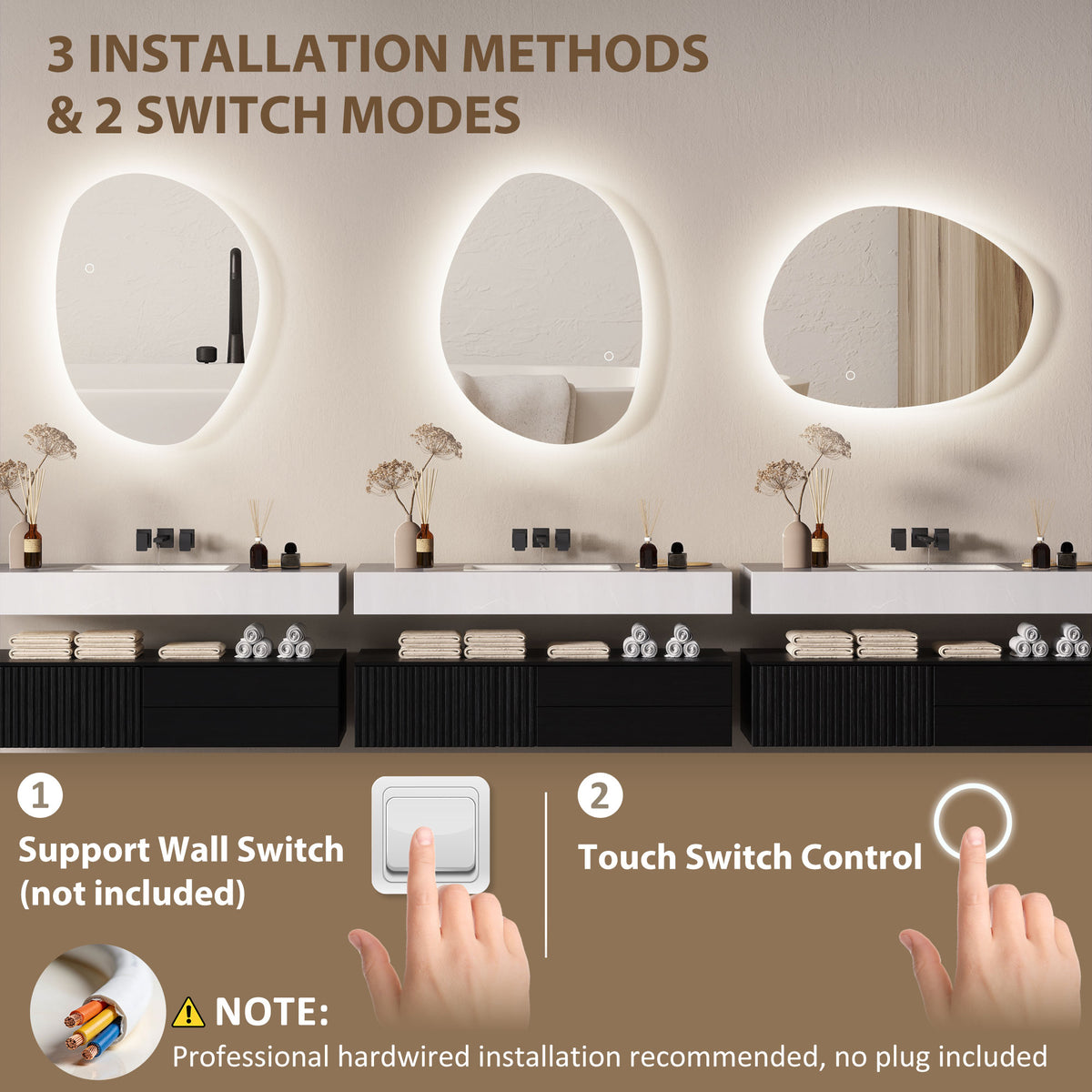 Oval LED bathroom mirror with touch switch and wall switch control display.