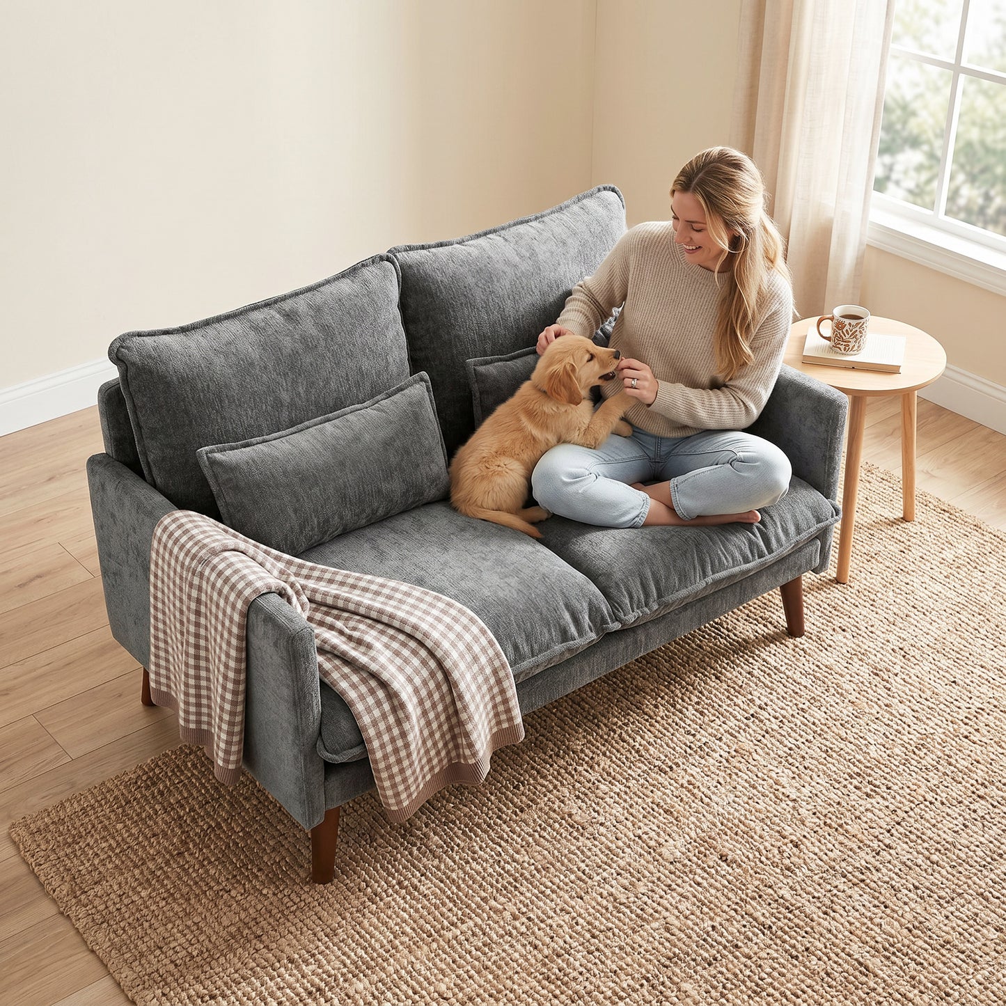 HOMCOM 2 Seater Sofa Loveseat With Pocket Springs Cushions Grey Wood Legs Compact And Comfortable