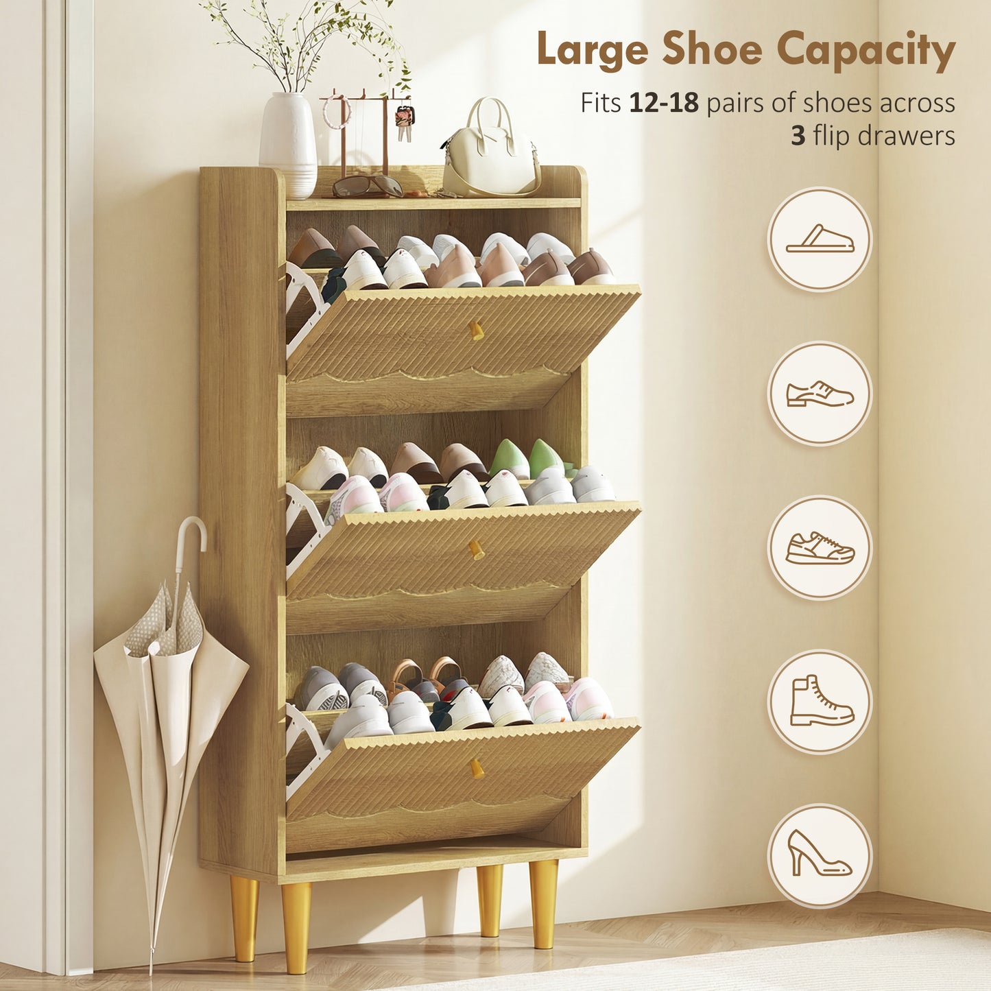HOMCOM Narrow Shoe Cabinet Modern Shoe Storage With 3 Flip Drawers Oak Finish Slim 24cm Depth For Narrow Hallways
