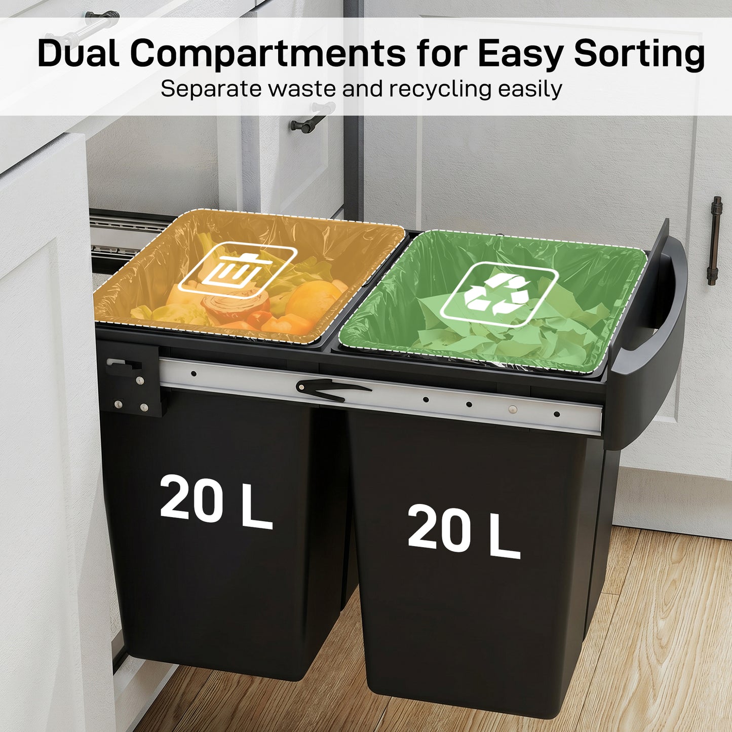 HOMCOM Pull Out Kitchen Bin With Dual Removable Compartments Under Sink Soft Glide Black