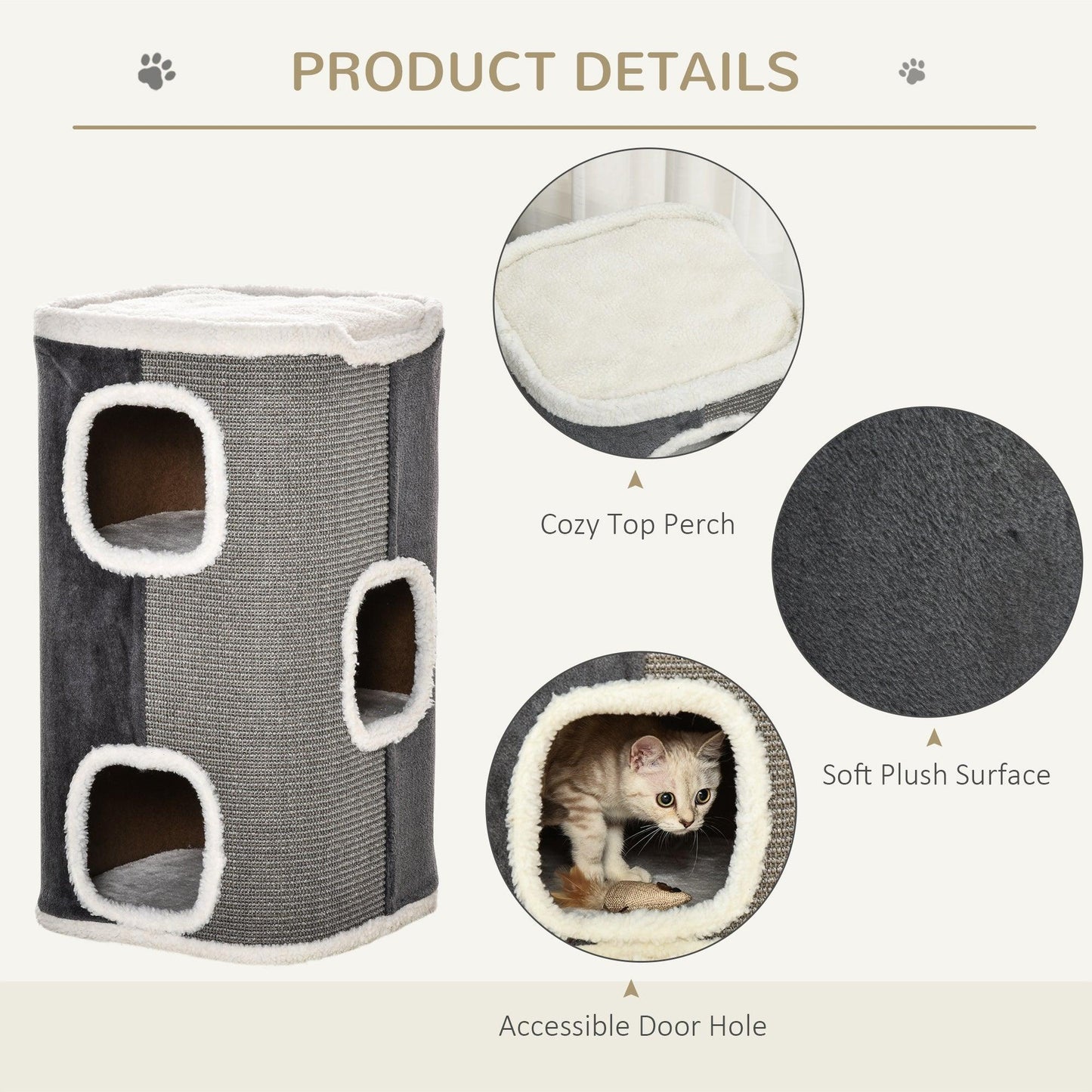 PawHut Sisal Cat Barrel with Soft Plush & Lamb Fleece Grey - ALL4U RETAILER LTD