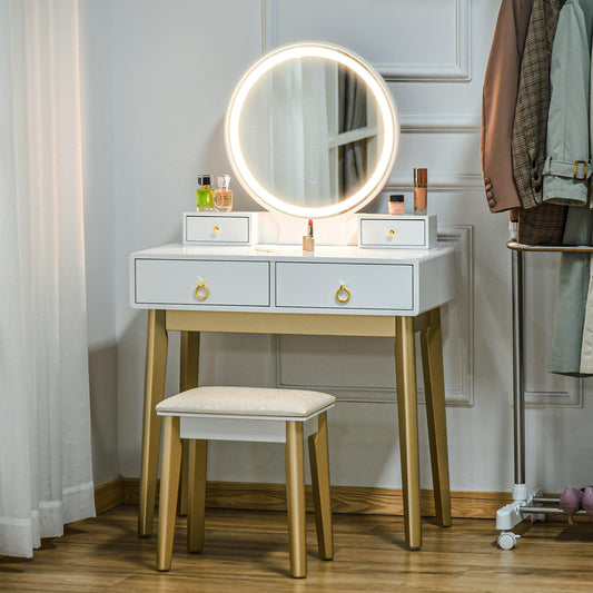 HOMCOM Modern White Vanity Set with LED Light - ALL4U RETAILER LTD