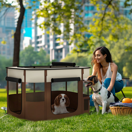 PawHut Portable Pet Playpen with Storage Bag for Indoor and Outdoor Use, Brown - ALL4U RETAILER LTD