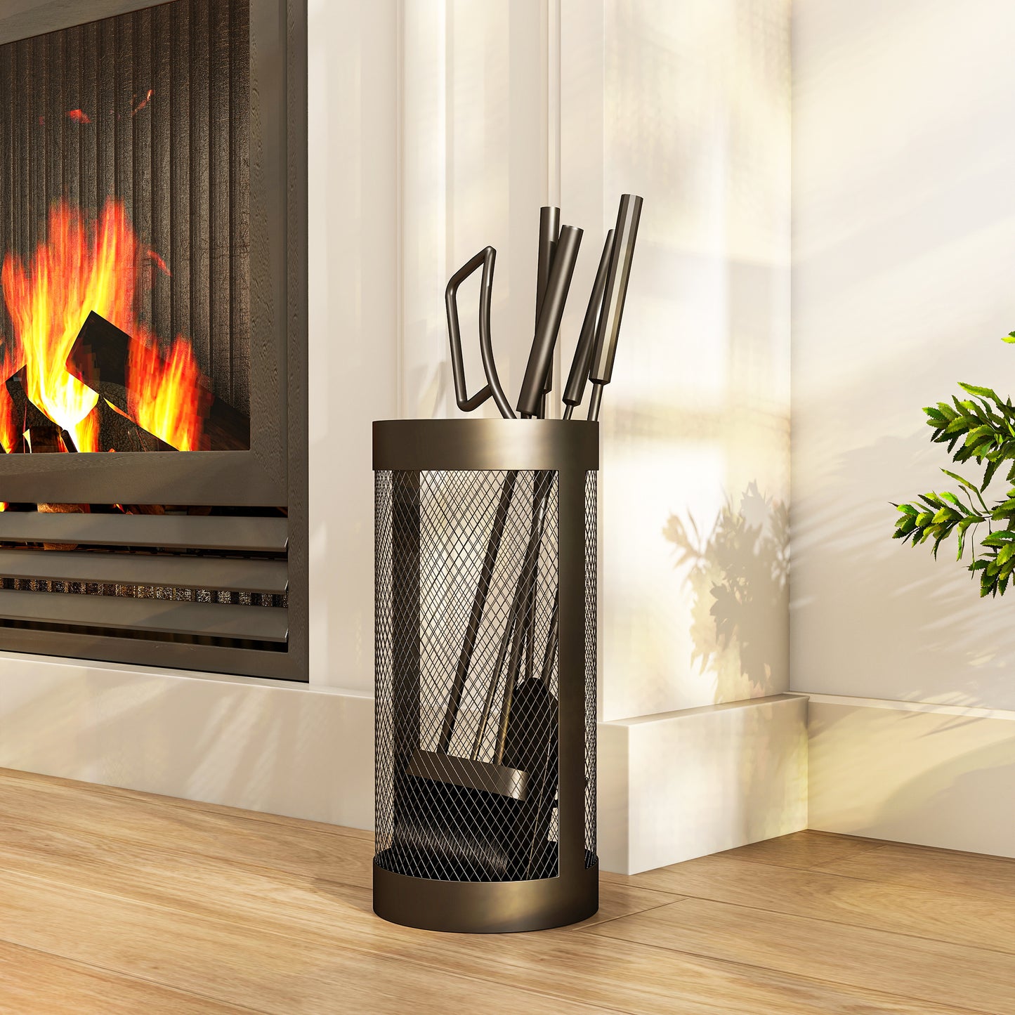 Outsunny 5 Piece Fireplace Tools Set With Mesh Basket Indoor Outdoor Fireside Accessories Black