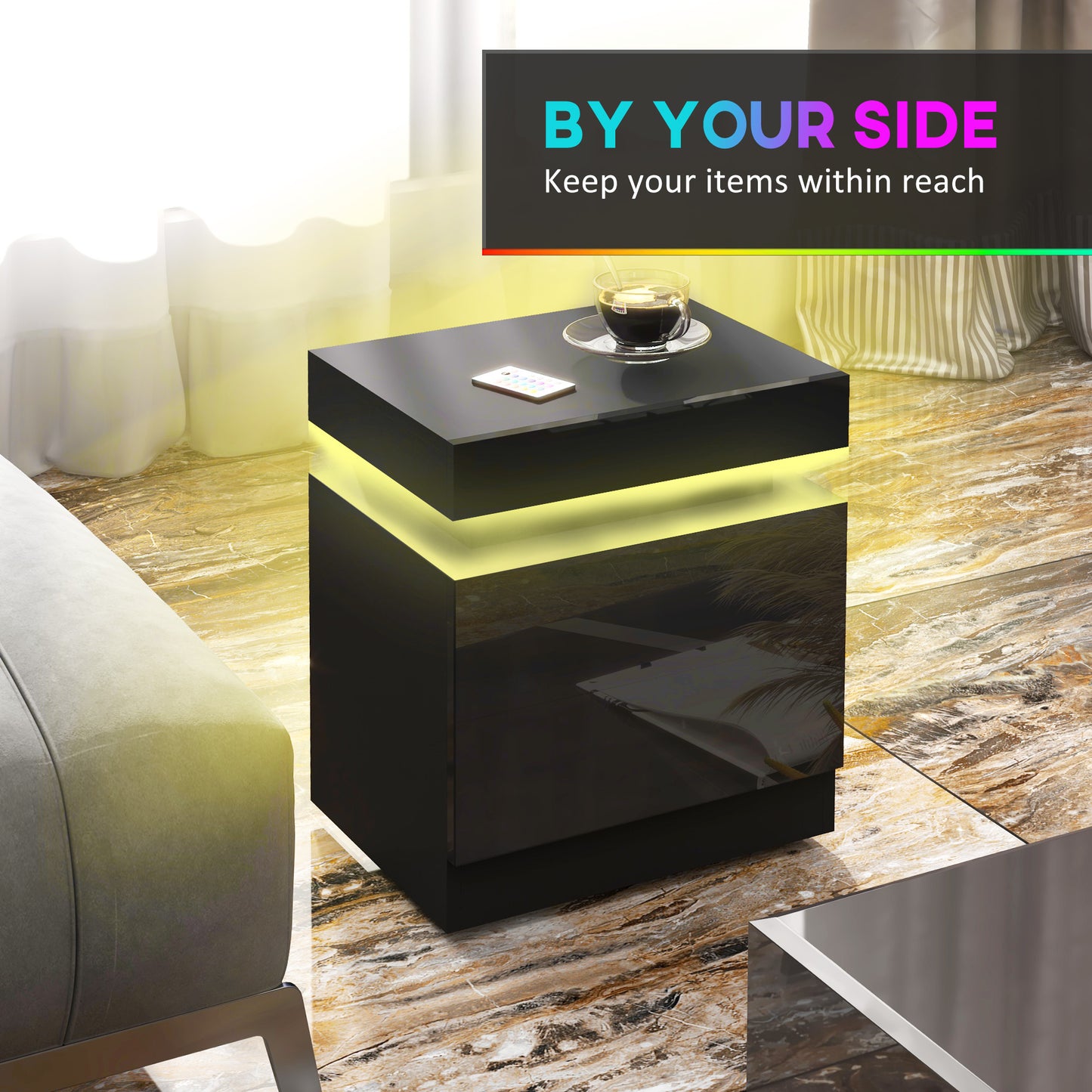 HOMCOM High Gloss Front Bedside Tables Set Of 2 With RGB LED Light And 2 Drawers For Bedroom Living Room Black